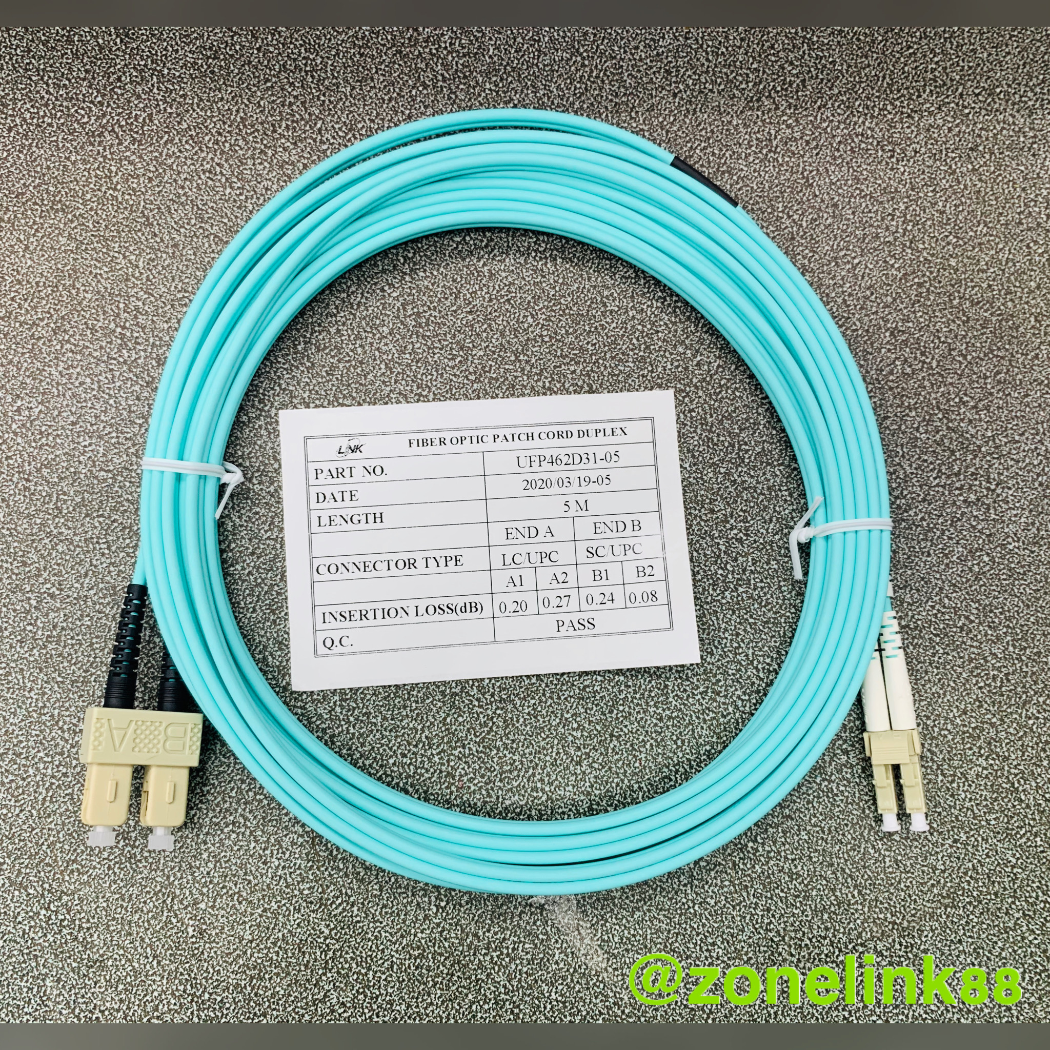 Link UFP462D31-05 Fiber Optic SC-LC Patch Cord OM3, Duplex Multi-mode, (3.0 mm Jacket)/UPC-UPC, Lengths 5 m.