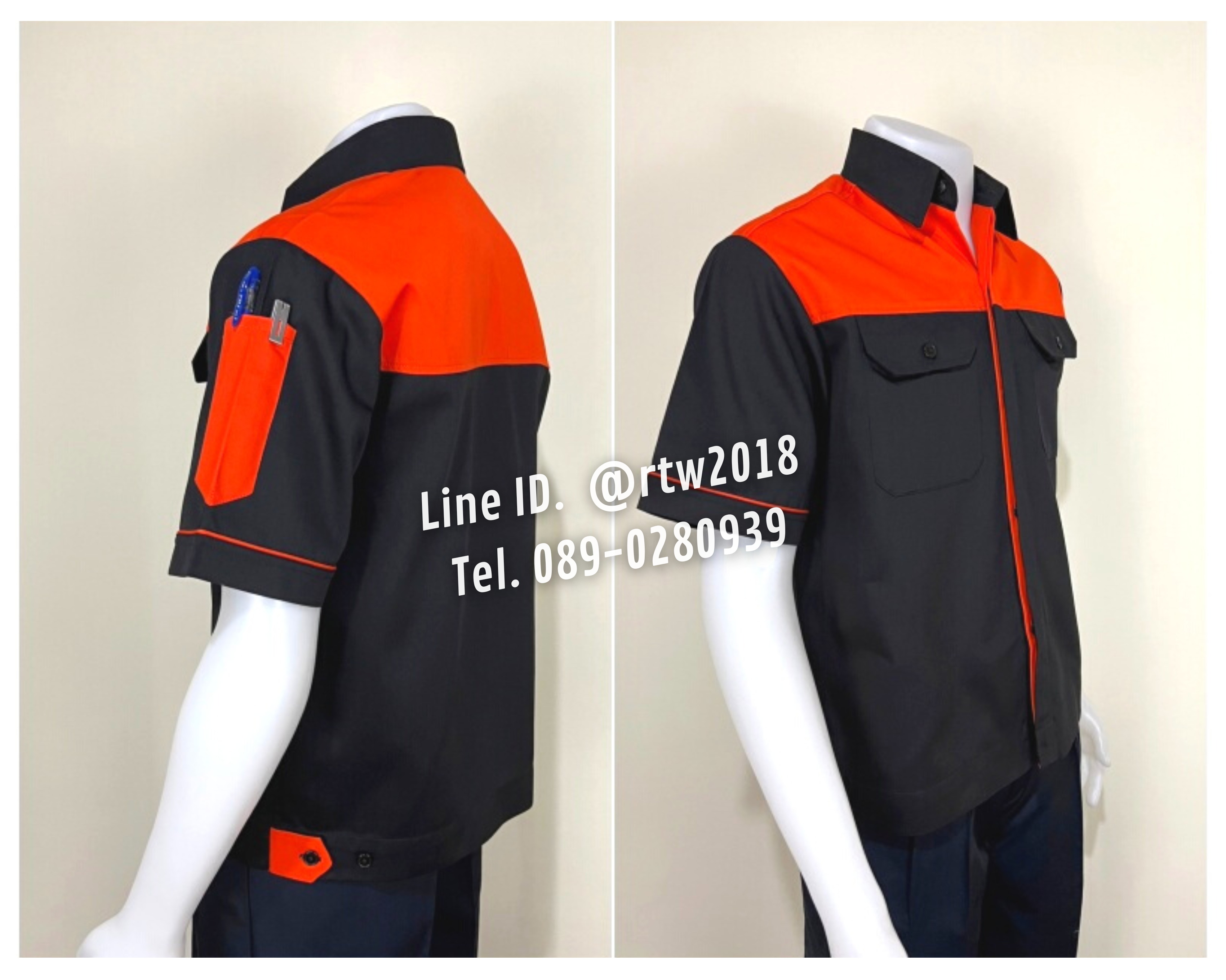รหัส A10.6 : เสื้อช่างแขนสั้นผ้าคอมทวิวสีดำอกส้ม (ซ่อนสาบ)