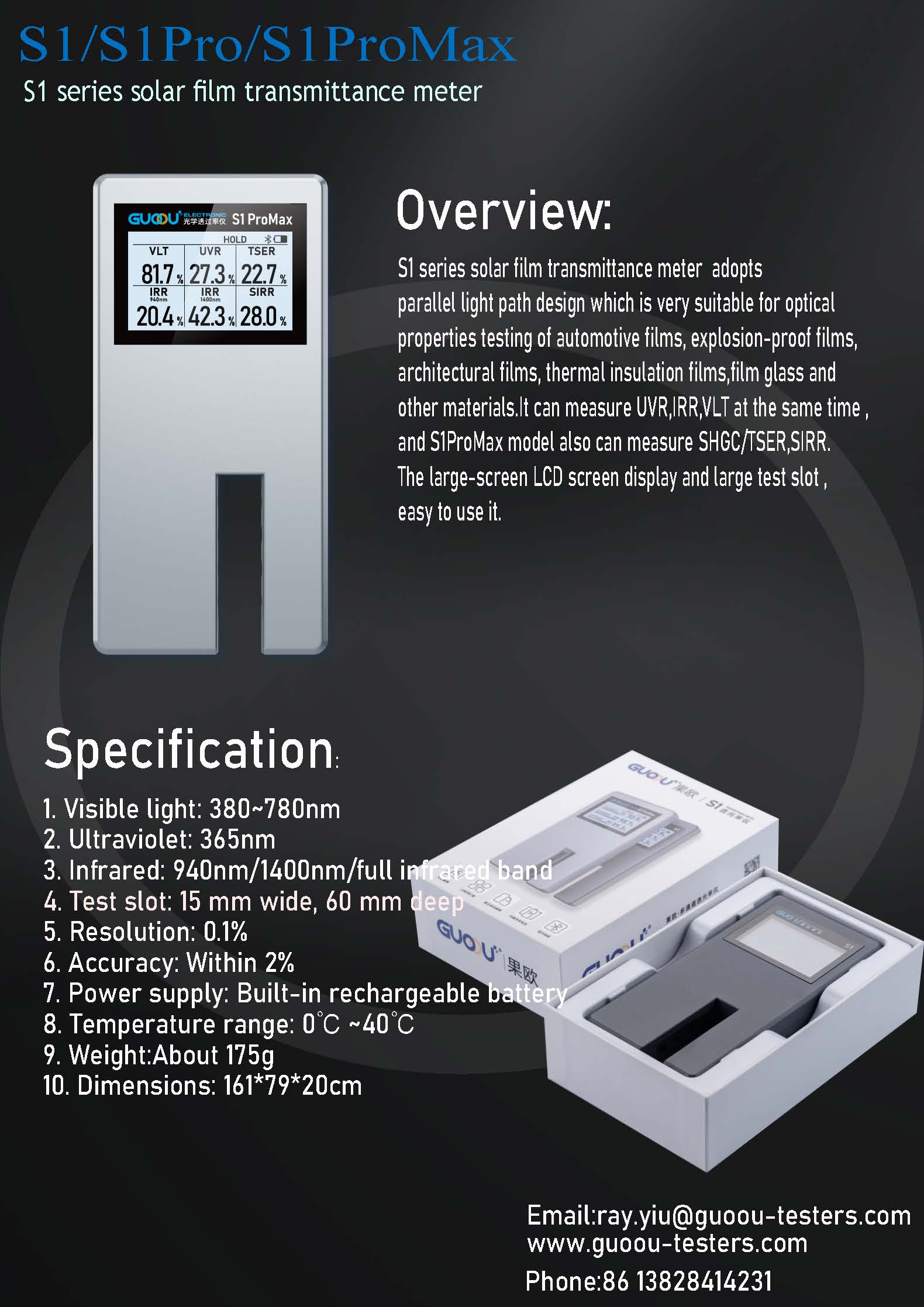 เครื่องวัดความเข้มแสง ผ่านฟิล์มกรองแสง รุ่น S1 , S1Pro, S1ProMax