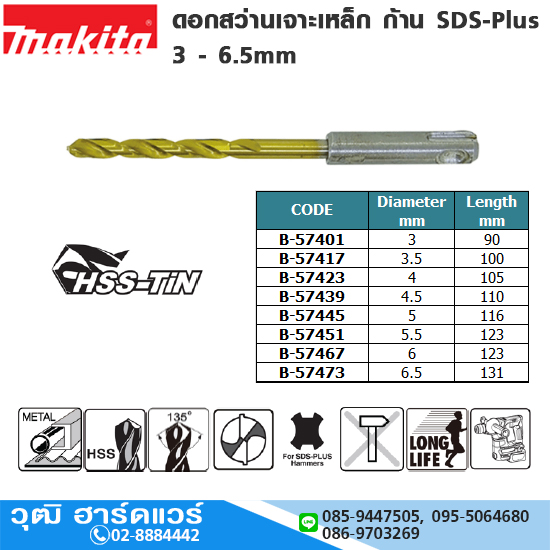 MAKITA ดอกสว่านเจาะเหล็ก ก้าน SDS-Plus 3 - 6.5mm