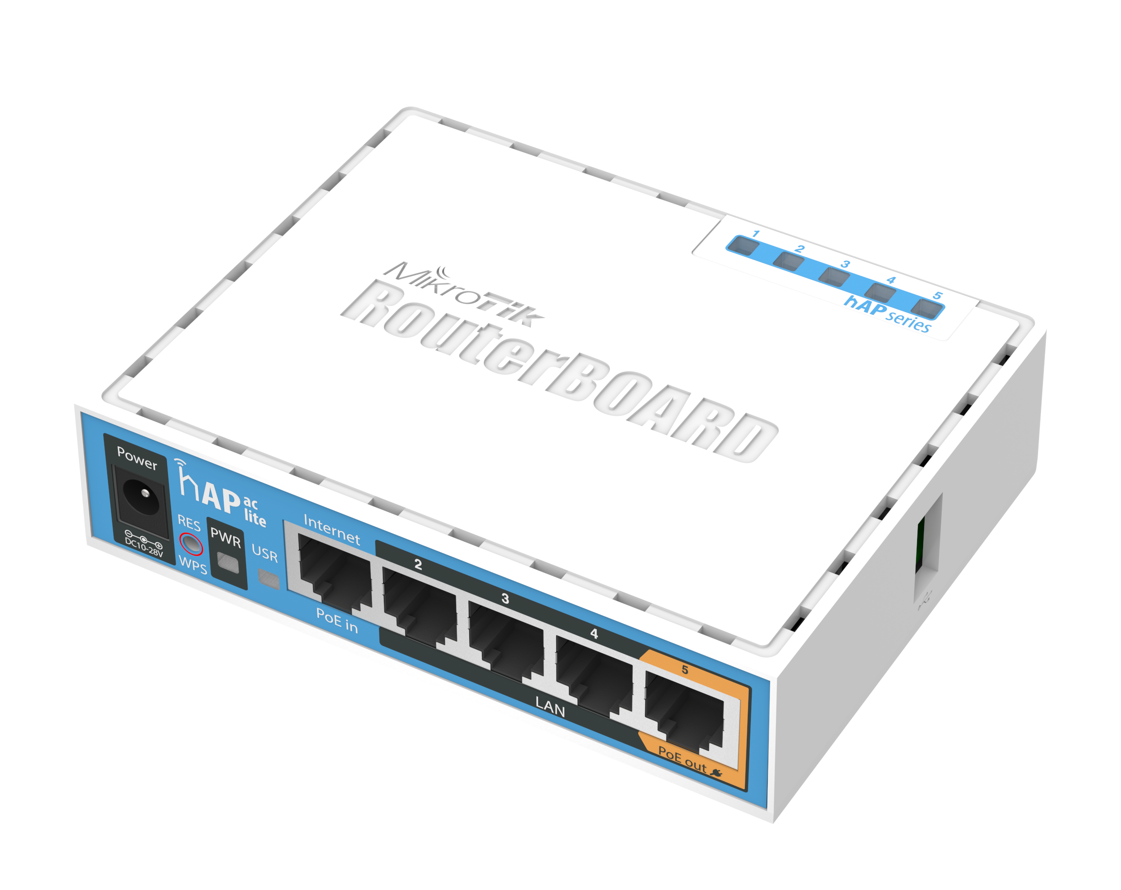 hAP ac lite Dual-Concurrent 2.4/5GHz AP, 802.11ac, Five Ethernet ports, PoE-out on port 5, USB for 3G/4G support