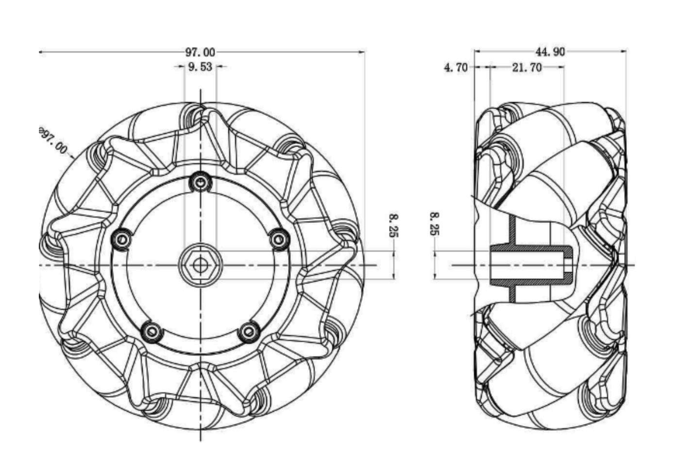 ล้อหมุนรอบทิศทางขนาด 97 mm Mecanum wheel Wheel (L+R) จำนวน 2 ล้อ:ซ้ายและขวา