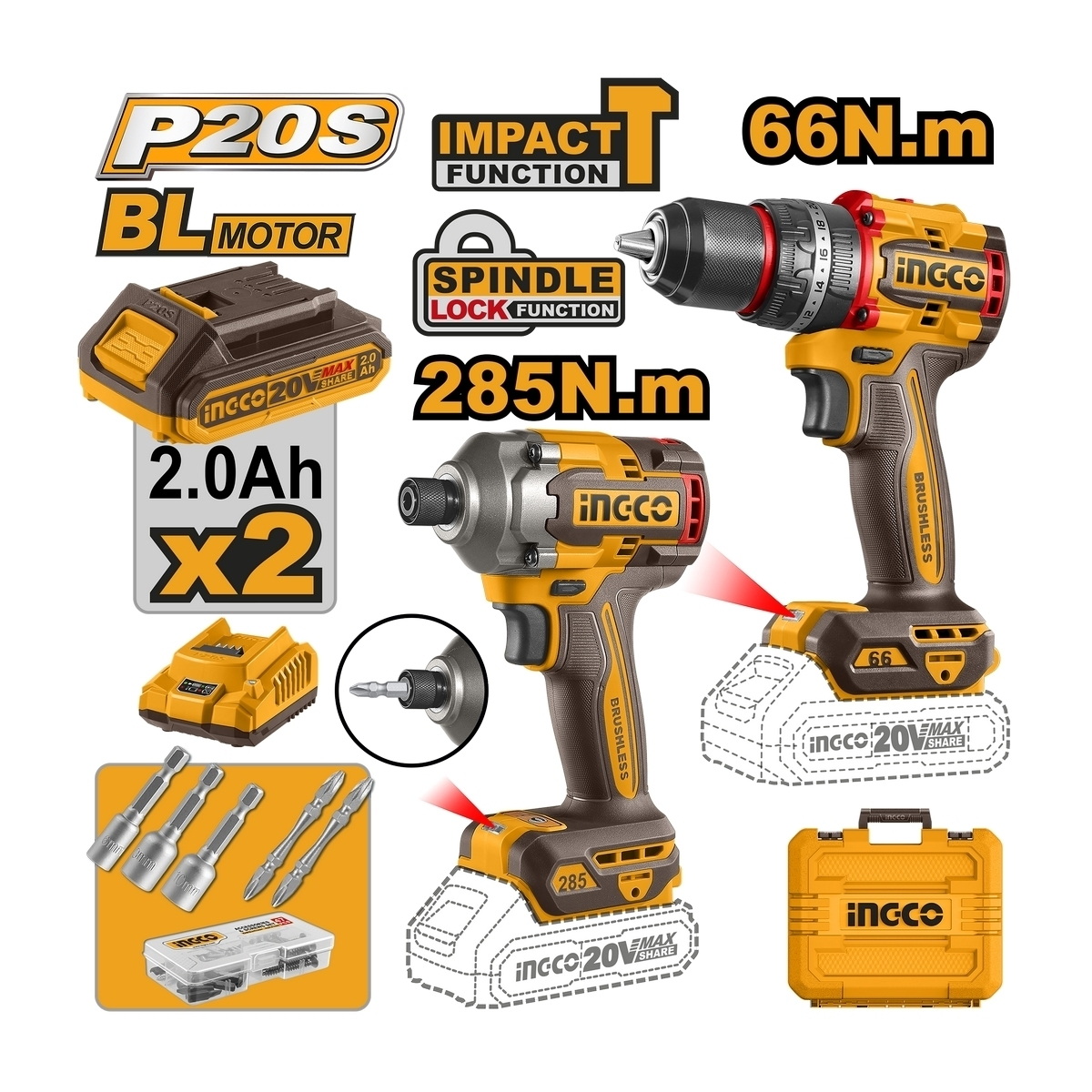 INGCO CKLI20277 สว่านกระแทกไร้สาย + ไขควงกระแทกไร้สาย 20V