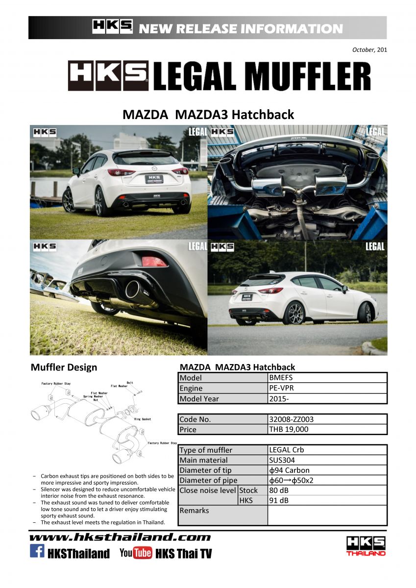 ท่อ HKS สำหรับรถรุ่นMAZDA 3 SKY HATCHBACK 2015-2019