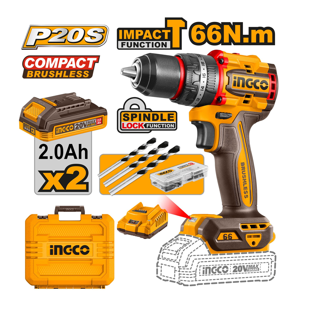 INGCO CIDLI20668 สว่านกระแทกไร้สาย 1/2" 66Nm 20V แบตx2