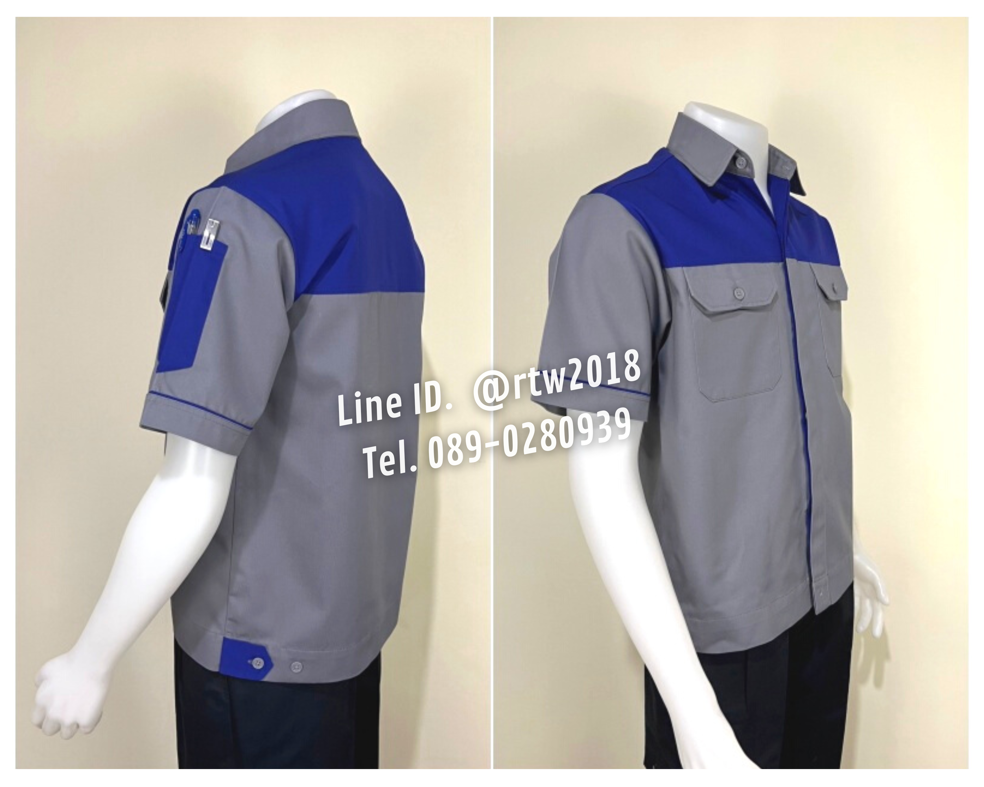 รหัส A8.2 : เสื้อช่างแขนสั้นผ้าคอมทวิวสีเทาอกน้ำเงิน (ซ่อนสาบ)