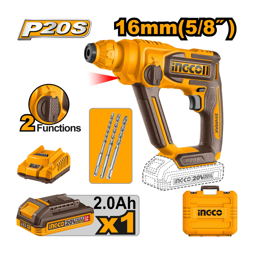 INGCO CRHLI201681 สว่านโรตารี่ไร้สาย 2 ระบบ 16mm 20V แบตx1