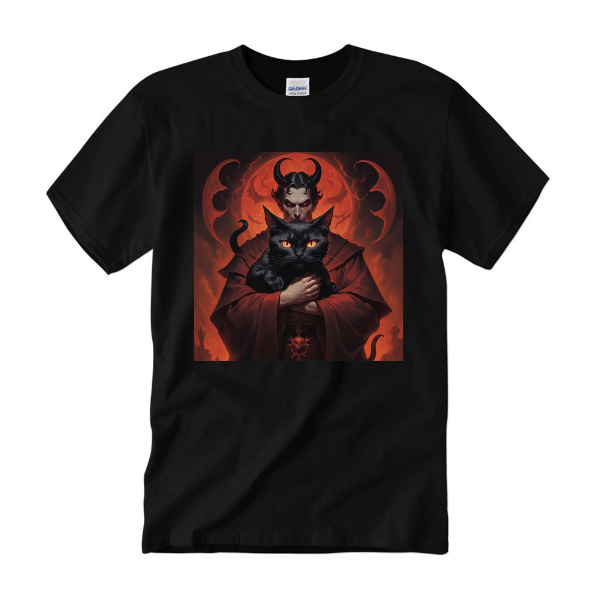 เสื้อยืดพิมพ์ลายซาตานและแมวดำ
