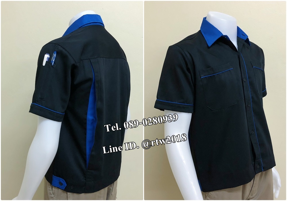เสื้อช่างแขนสั้นแบบดำกุ้นน้ำเงิน (รหัส A90)