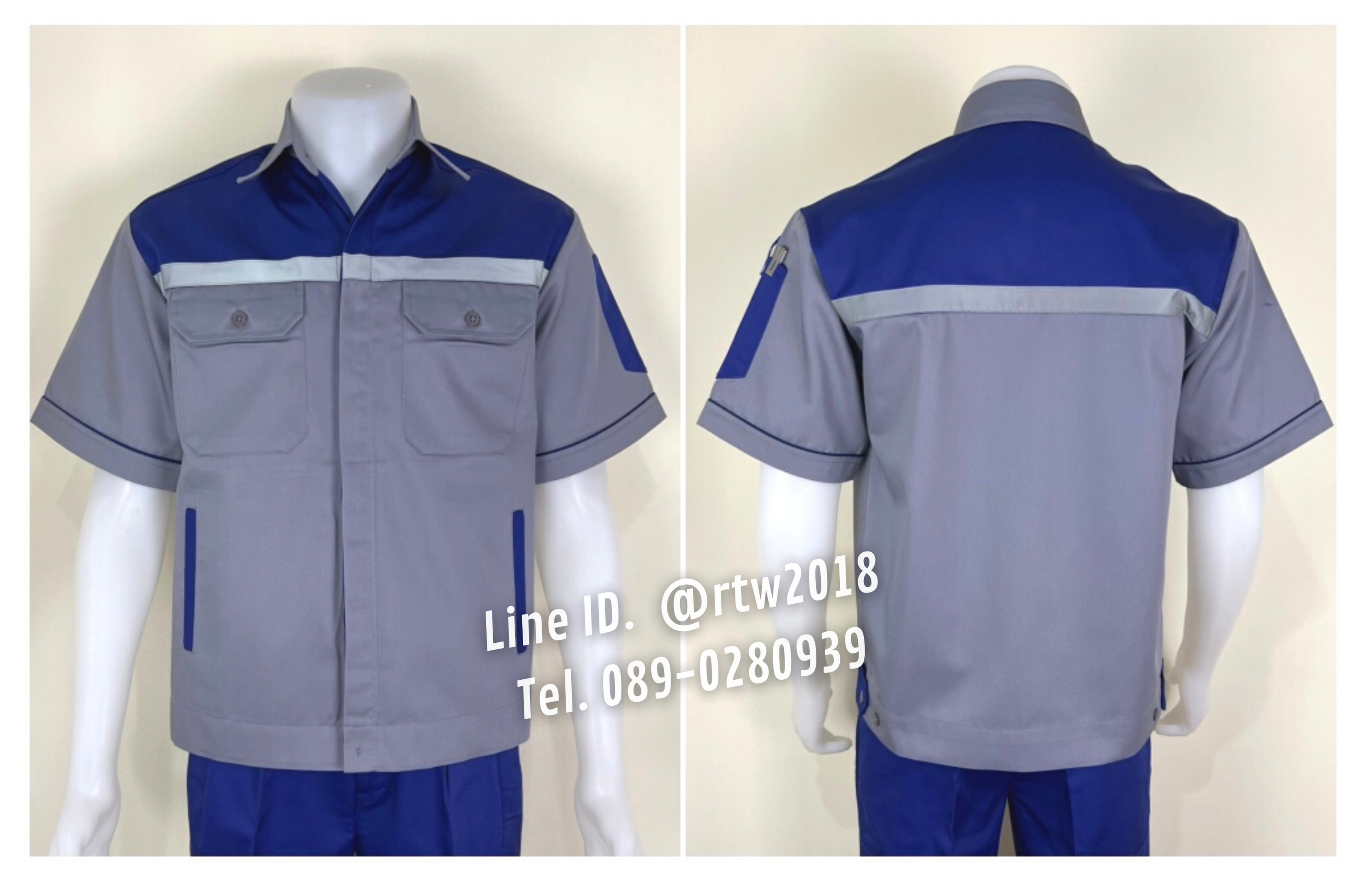 รหัส A33.3 : เสื้อช่างแขนสั้นผ้าคอมทวิว 4 กระเป๋า สีเทาอกน้ำเงิน (ติดสะท้อนแสง)
