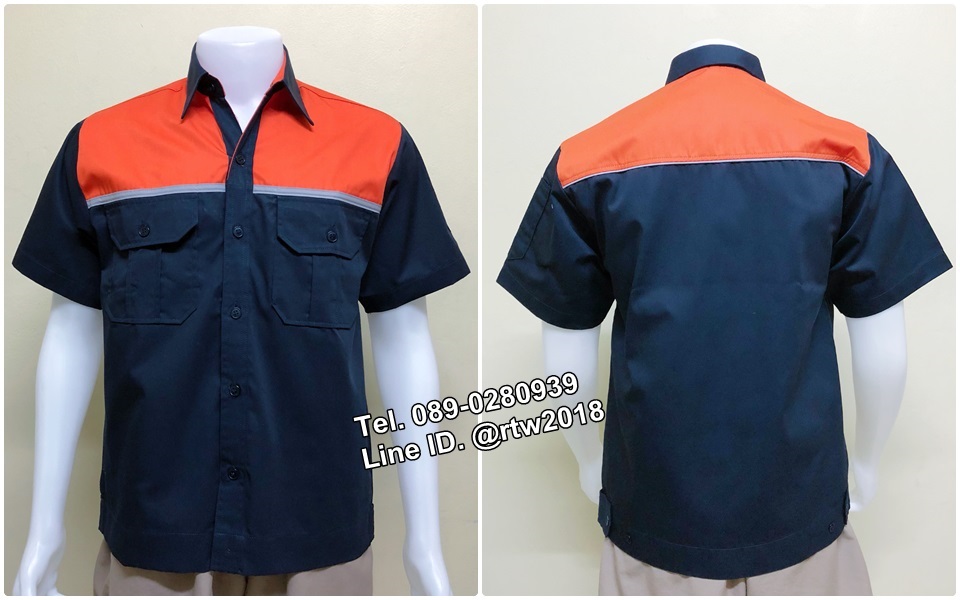 เสื้อช่างแขนสั้นแบบกรมอกส้มกุ้นเทา (รหัส A23)