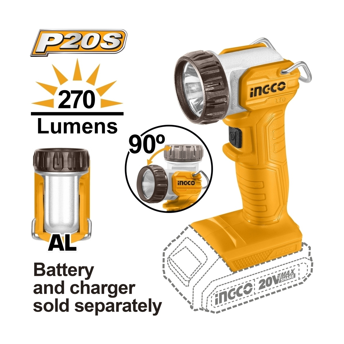 INGCO CWLI2038 ไฟฉาย LED หัวงอ 5W 20V เครื่องเปล่า