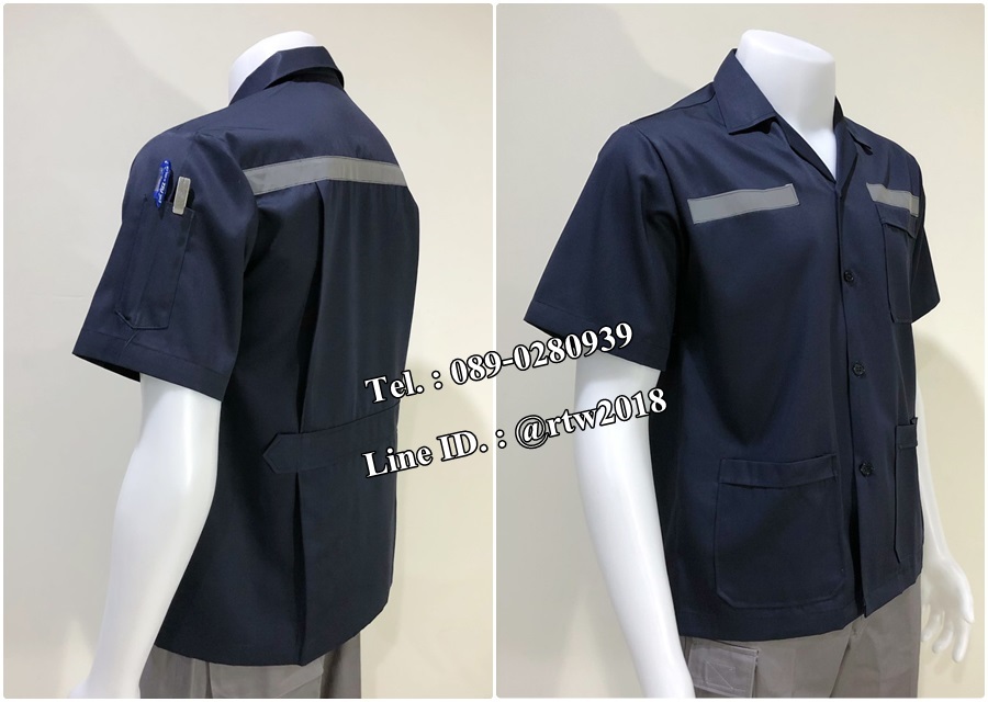 เสื้อช่างแขนสั้นแบบสามกระเป๋าสีกรมติดสะท้อนแสง (รหัส A107)