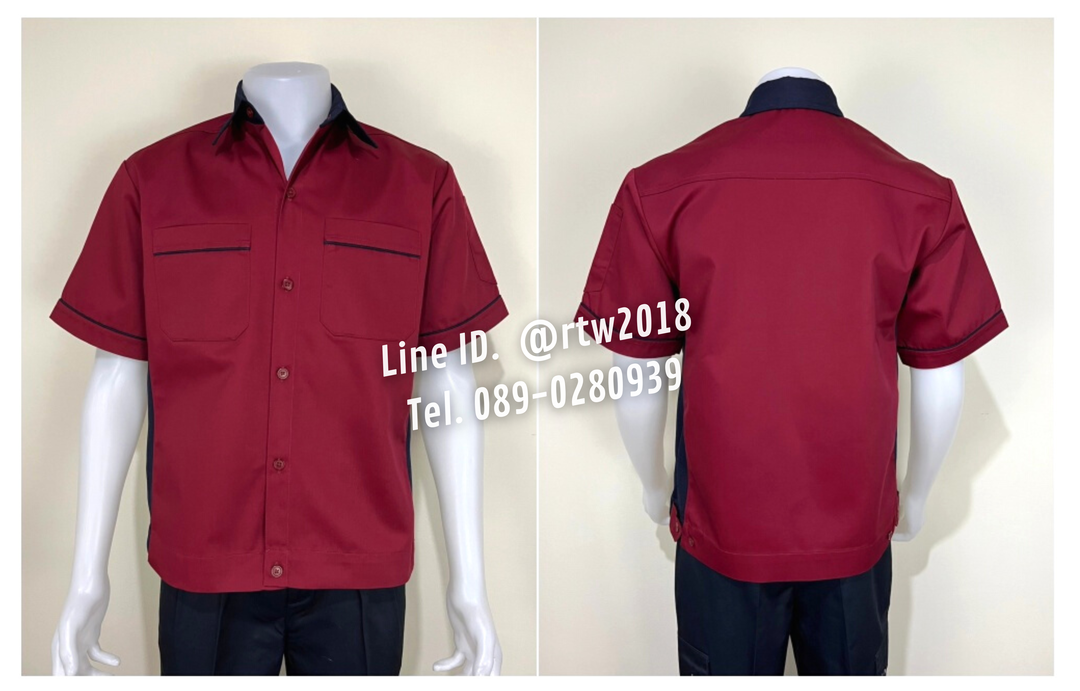 รหัส A14.5 : เสื้อช่างแขนสั้นผ้าคอมทวิวสีเลือดหมูข้างกรมท่า