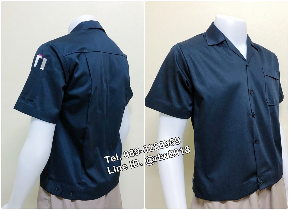 เสื้อช่างแขนสั้นแบบกระเป๋าเดียวเอวจั้มสีกรมท่าล้วน (รหัส A44)