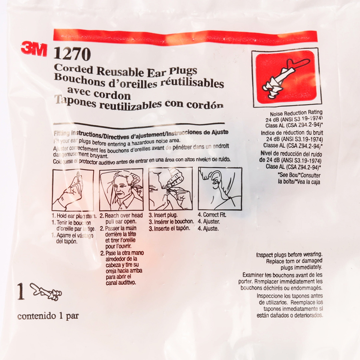 3M No.1270 ปลั๊กอุดหู ลดเสียงสายโพลีเอสเตอร์ (NRR 24)