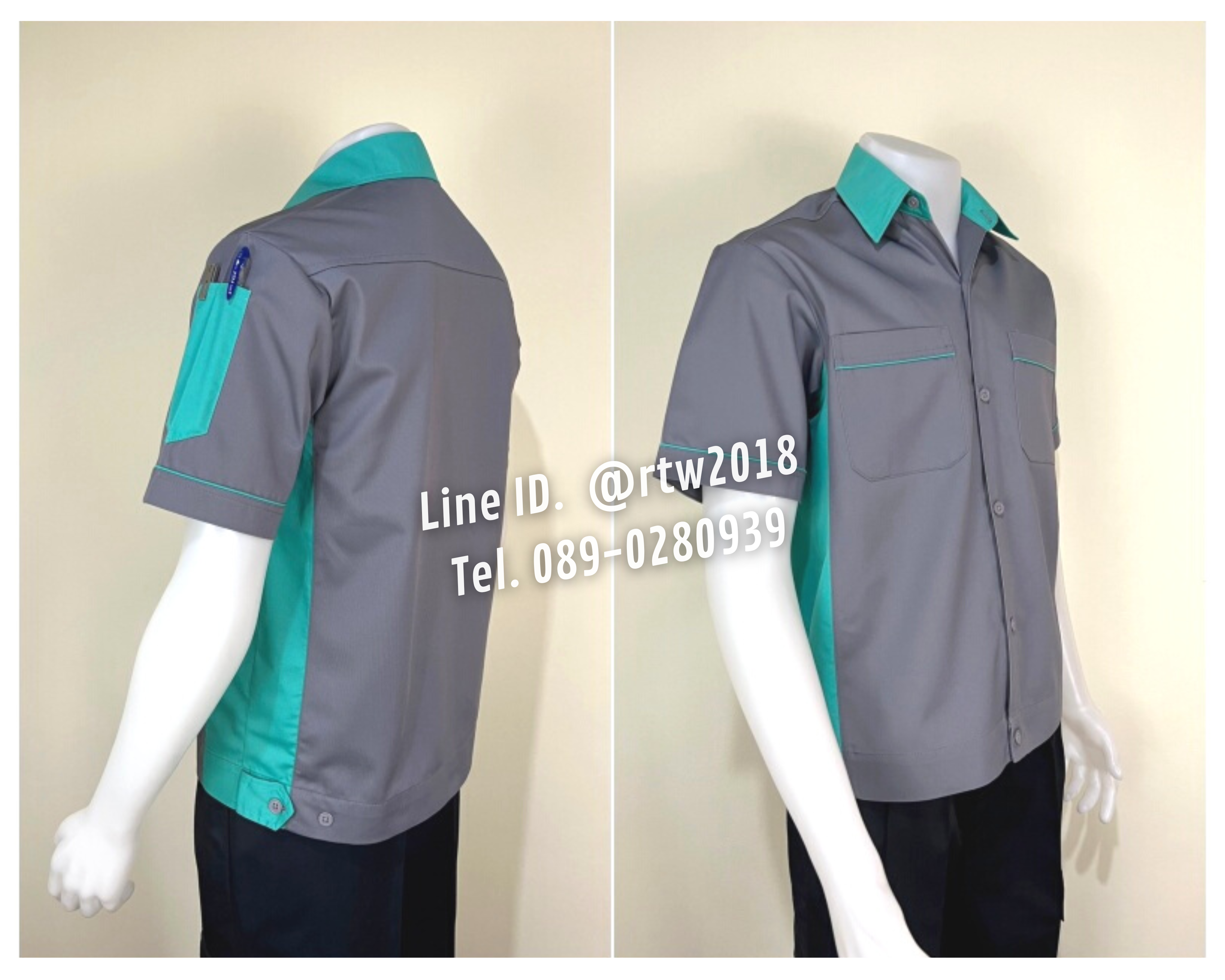 รหัส A11.8 : เสื้อช่างแขนสั้นผ้าคอมทวิวสีเทาข้างเขียวมิ้น