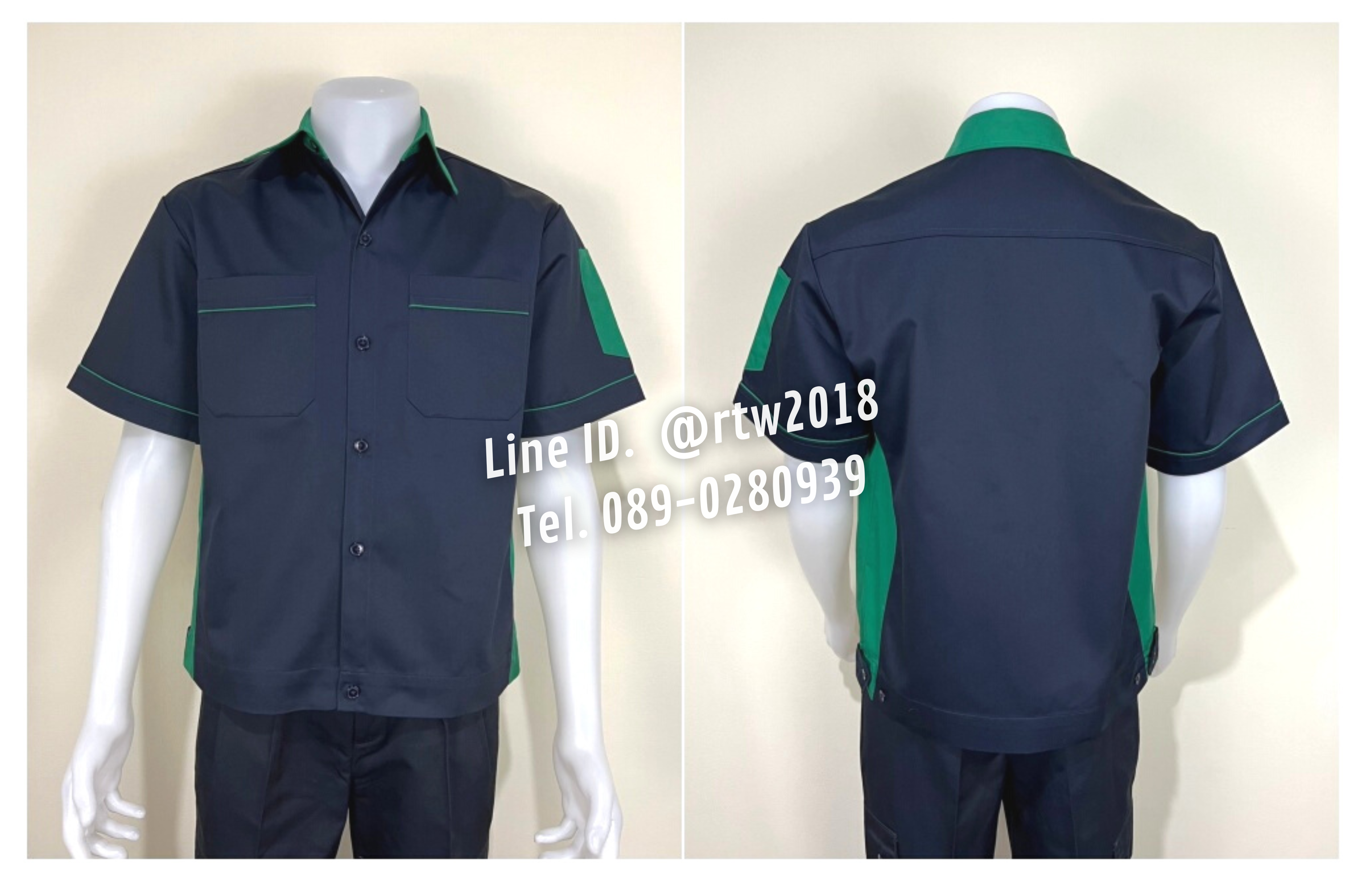 รหัส A12.5 : เสื้อช่างแขนสั้นผ้าคอมทวิวสีกรมท่าข้างเขียวเข้ม