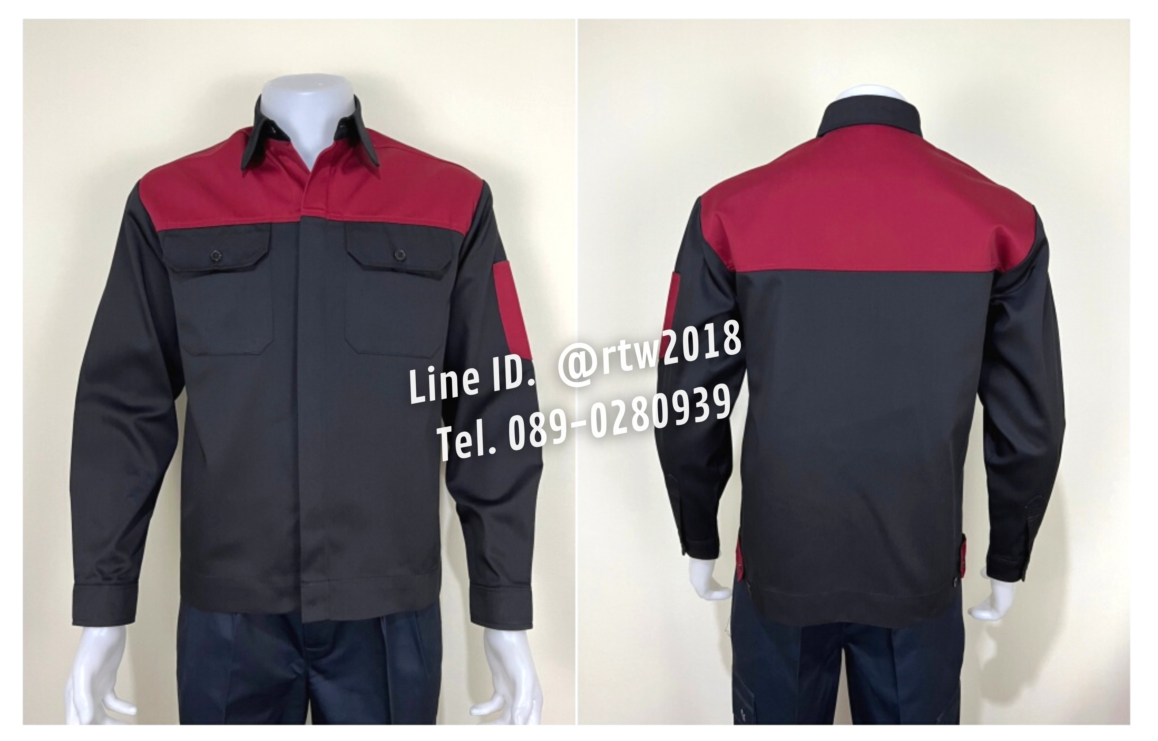 รหัส AB4.4 : เสื้อช่างแขนยาวผ้าคอมทวิวสีดำอกเลือดหมู (ซ่อนสาบ)