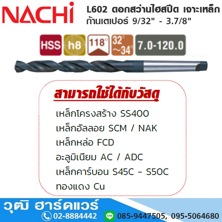 NACHI L602 ดอกสว่านไฮสปีด เจาะเหล็ก ก้านเตเปอร์ 9/32" - 3.7/8"