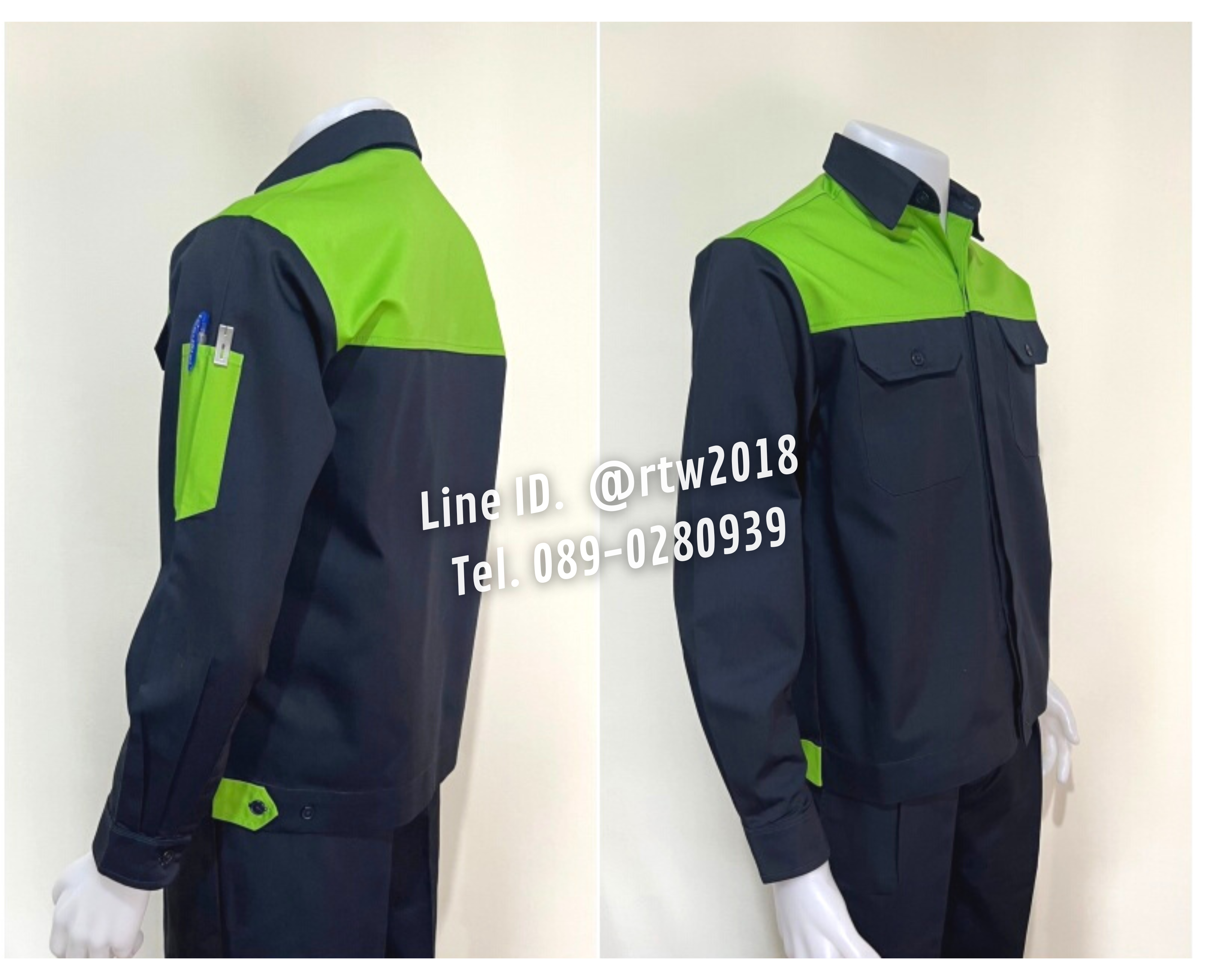รหัส AB3.3 : เสื้อช่างแขนยาวผ้าคอมทวิวสีกรมท่าอกเขียวอ่อน (ซ่อนสาบ)