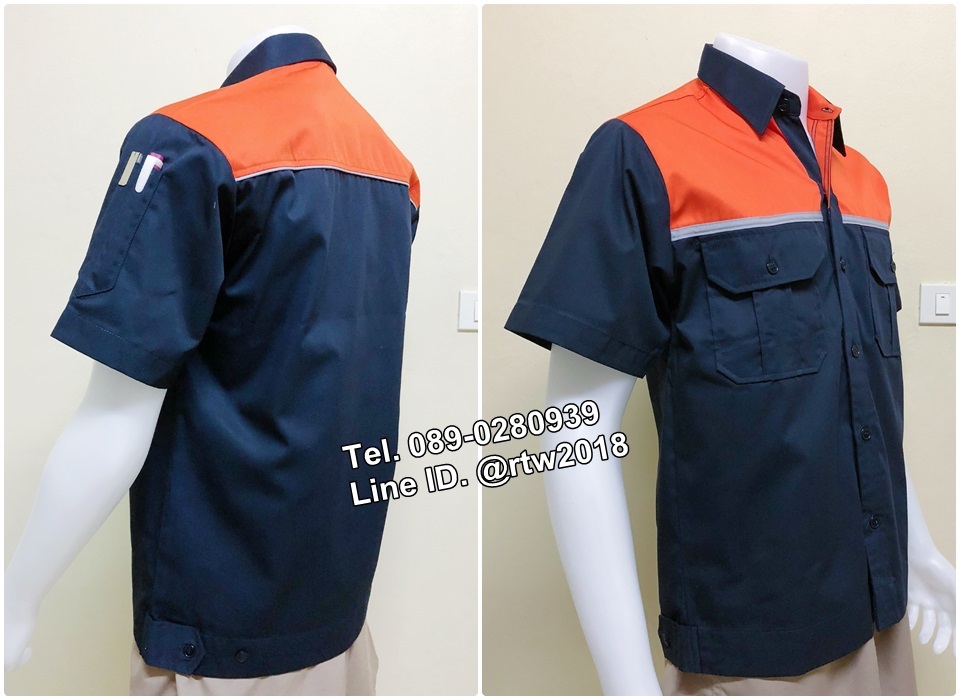 เสื้อช่างแขนสั้นแบบกรมอกส้มกุ้นเทา (รหัส A23)