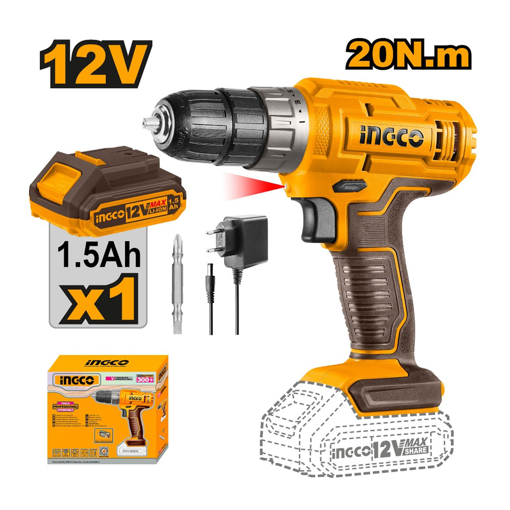 INGCO CDLI1218 สว่านไขควงไร้สาย 3/8" 12V แบตx1