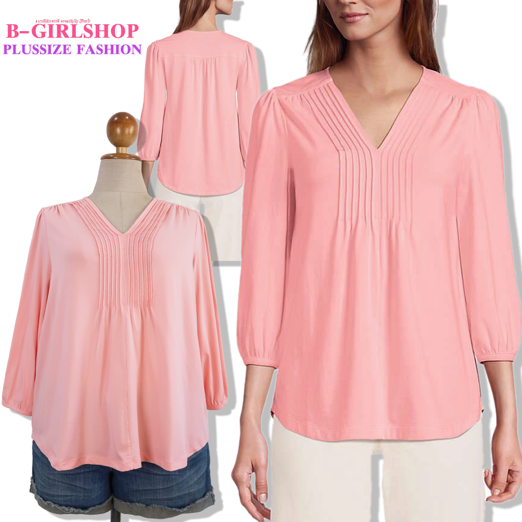 Ha6169 *แบรนด์นอก Land's End* ไซส์ 1x เสื้อสาวอวบผ้ายืดสีชมพูส้มคอวีตีเกร็ดช่วงอกเก๋เพิ่มดีเทล ทรงสวย ผ้ายืดเนื้อดีใส่สบาย รอบอก 52 ยืด 56 วงแขน 24 - 29 ชาย 56 - 64 ยาวหน้า 28 หลัง 29 นิ้ว