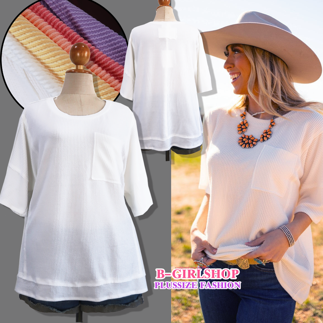 Ha6785 *แบรนด์นอก Andree* ไซส์ 3x เสื้อยืดสาวอวบสีขาวผ้าทอลายนูนยืดเยอะ เนื้อดี ใส่สบาย แต่งกระเป๋าตรงอก รอบอก 56 ยืด 62 วงแขน 24 - 31 ชาย 62 - 74 ยาว 29 นิ้ว