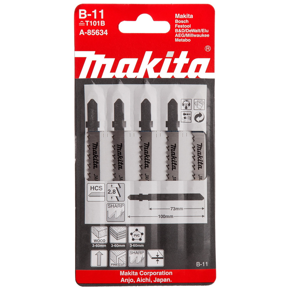 MAKITA A-85634 ใบเลื่อยจิ๊กซอว์ No.B-11 (5ใบ/แผง) ตัดไม้-พลาสติก ผิวตัดเรียบ (ตัดเร็ว)