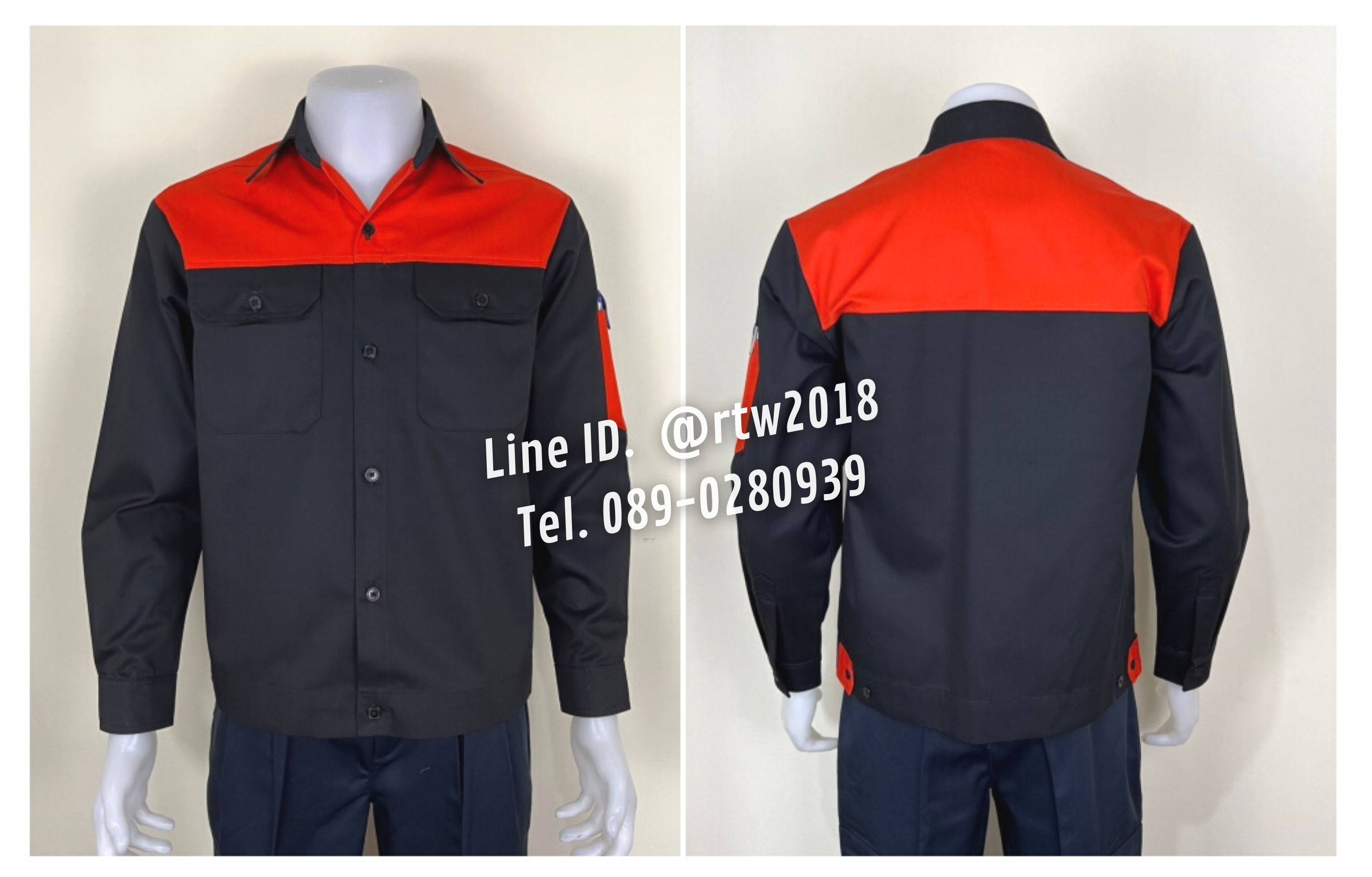 รหัส AB16.2 : เสื้อช่างแขนยาวผ้าคอมทวิวสีดำอกส้ม