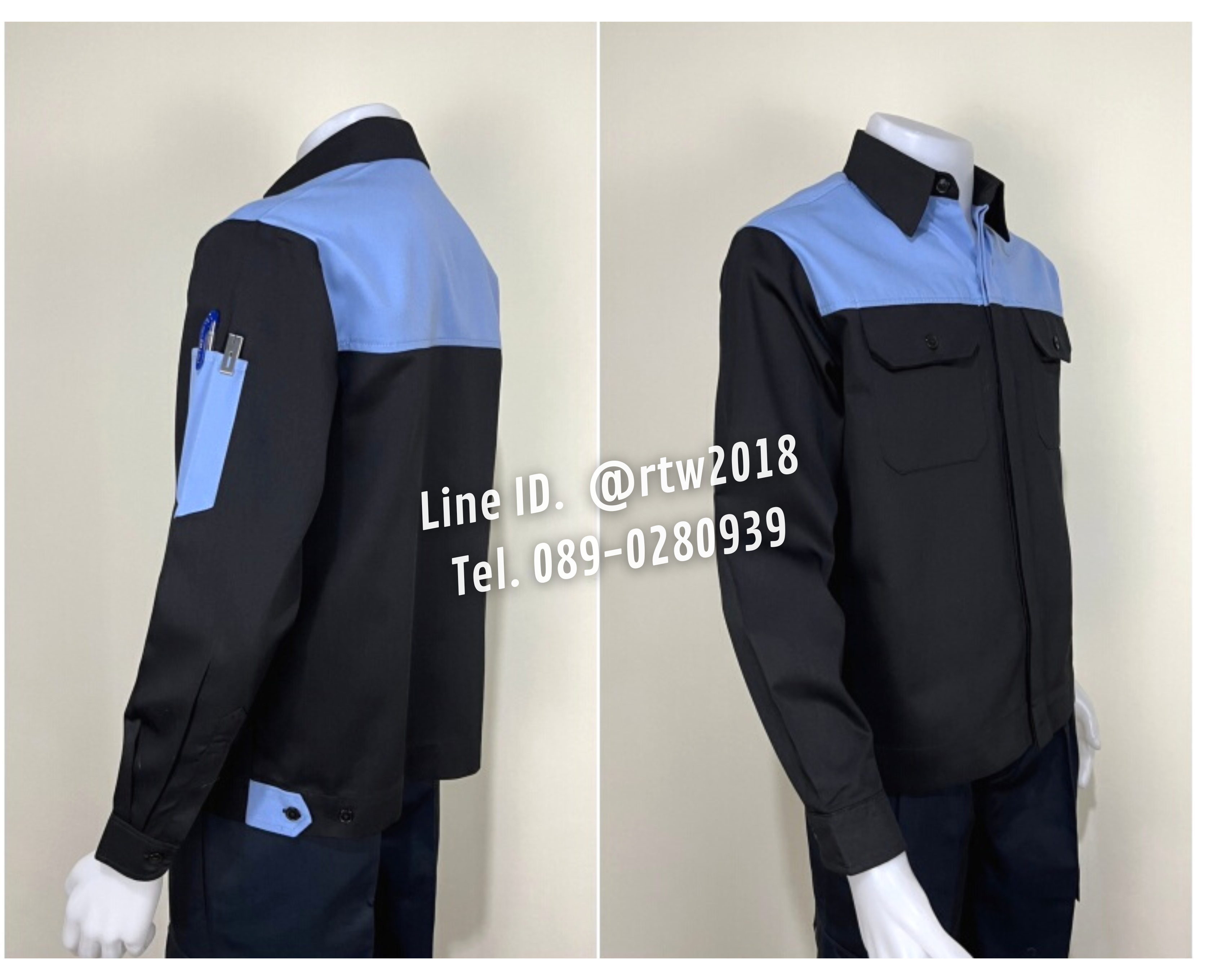 รหัส AB4.8 : เสื้อช่างแขนยาวผ้าคอมทวิวสีดำอกฟ้า (ซ่อนสาบ)