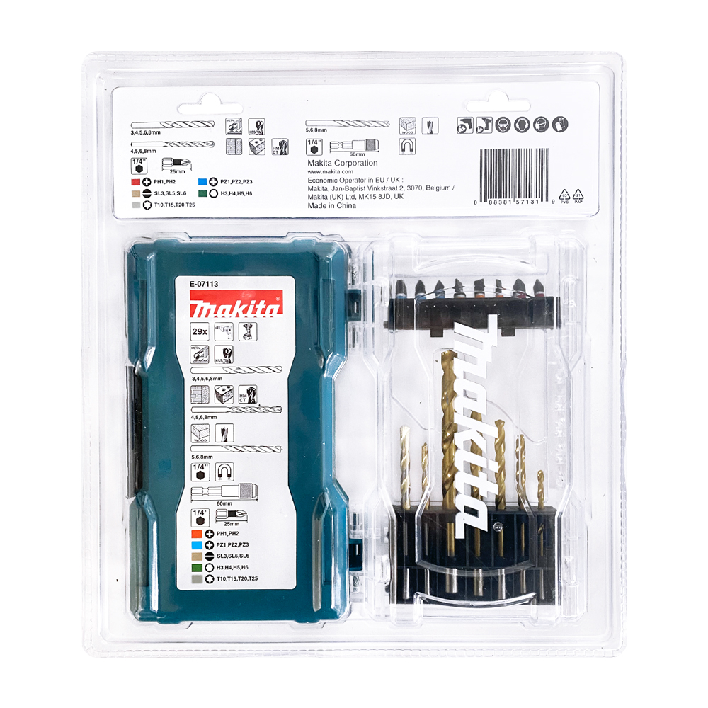 MAKITA E-07113 ชุดดอกสว่าน เจาะเหล็ก+ปูน+ไม้+ดอกไขควง (29ชิ้น)