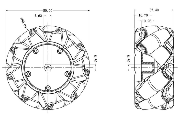 ล้อหมุนรอบทิศทาง ขนาด 80 mm Mecanum wheel (L+R)