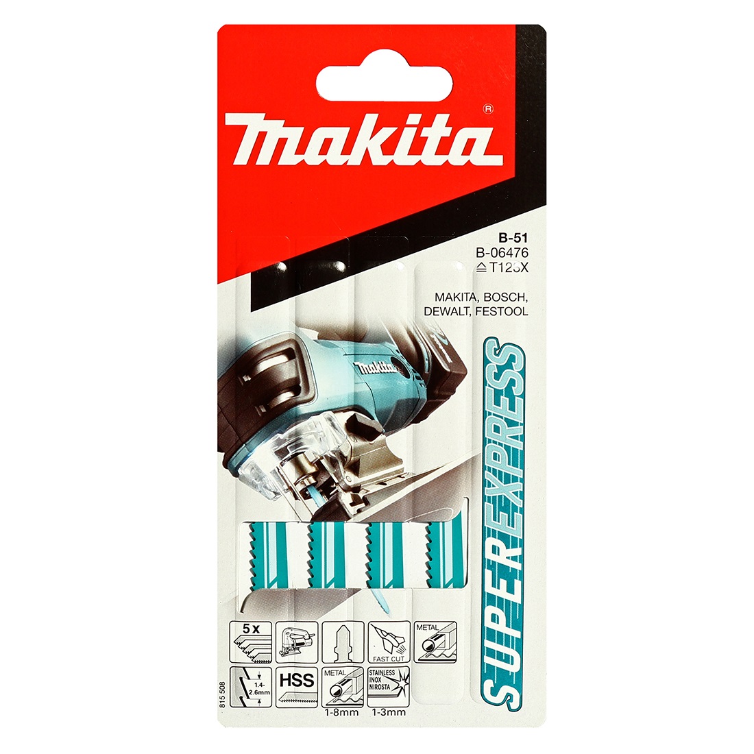 MAKITA B-06476 ใบเลื่อยจิ๊กซอว์ No.B-51 (5ใบ/แผง) เหล็กบาง,แสตนเลส (ตัดเร็วพิเศษ)