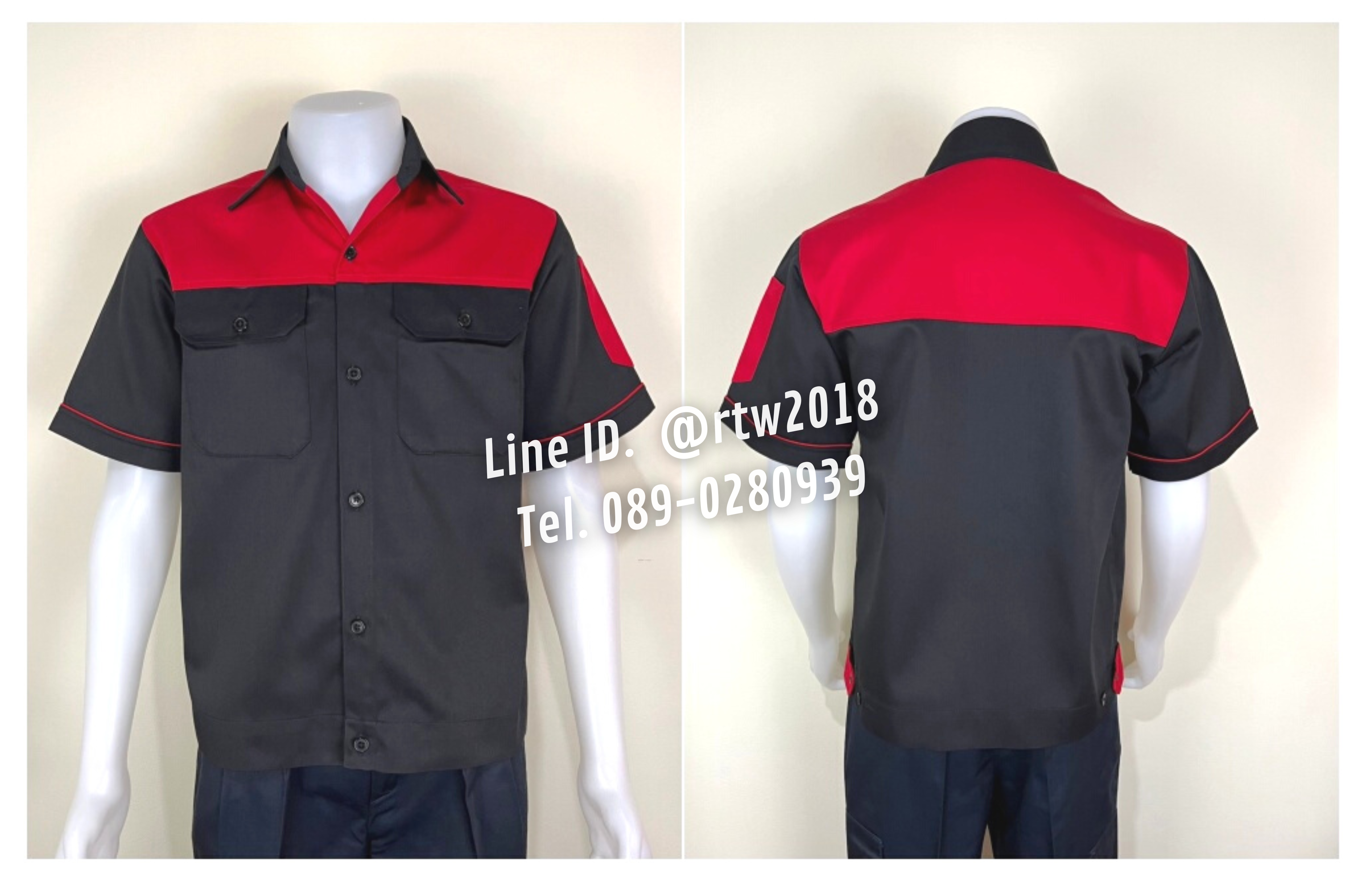 รหัส A24.6 : เสื้อช่างแขนสั้นผ้าคอมทวิวดำอกแดง