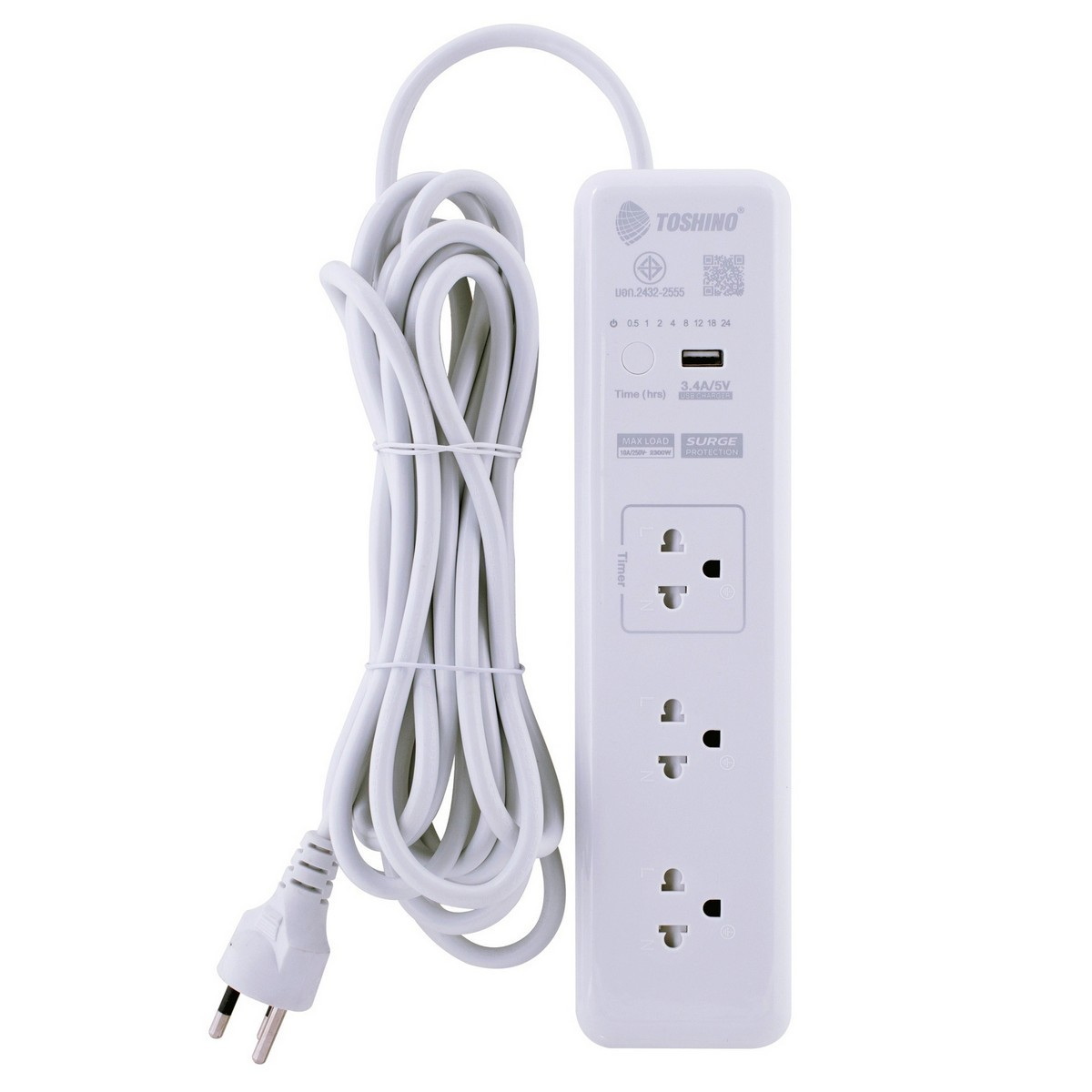 TOSHINO WT-33 ปลั๊กพ่วง 3ช่อง/ 1USB/ 3เมตร 10A/2300W (ตั้งเวลาได้)