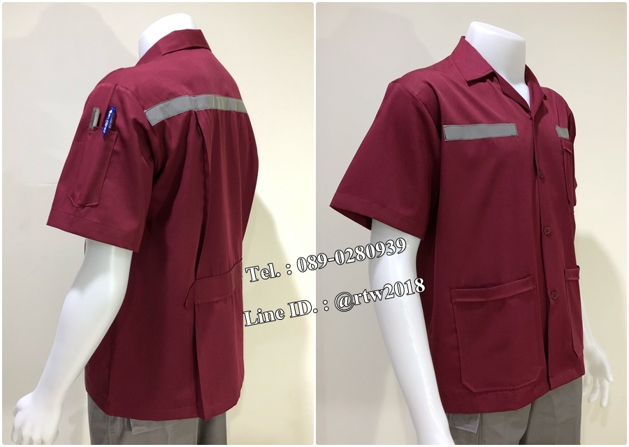 เสื้อช่างแขนสั้นแบบสามกระเป๋าสีเลือดหมูติดสะท้อนแสง (รหัส A105)