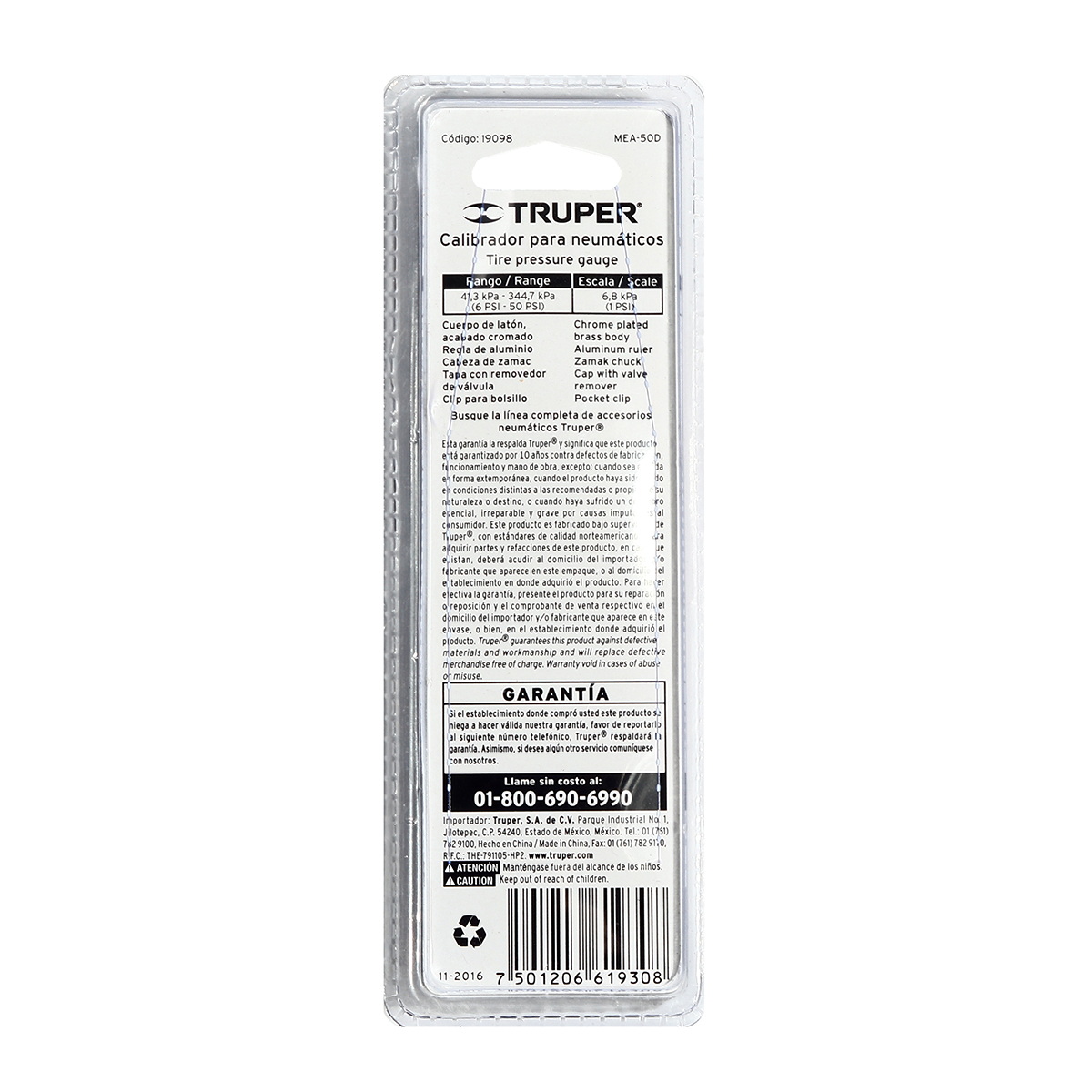 TRUPER MEA-50D เกจ์วัดลมยาง 2 หัว 6-50Psi