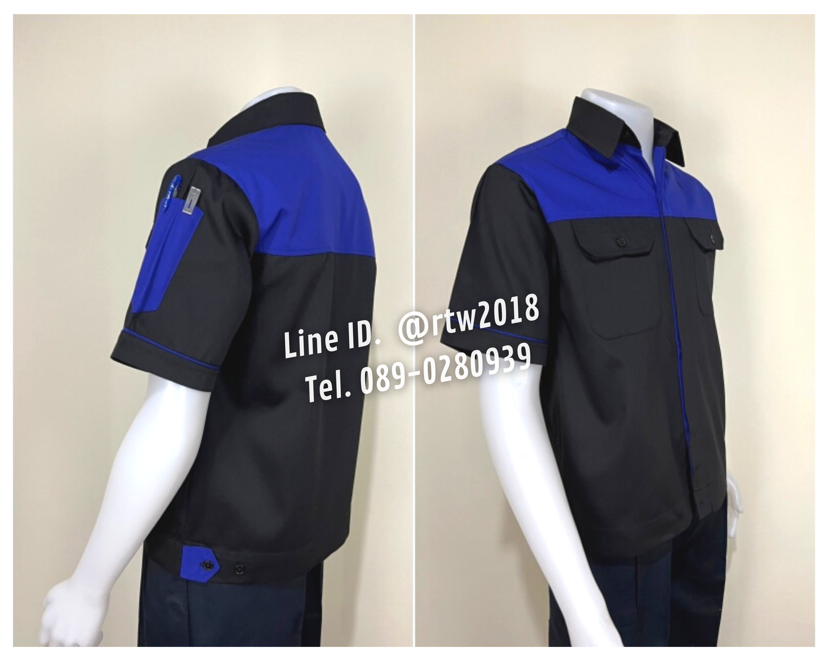 รหัส A10.1 : เสื้อช่างแขนสั้นผ้าคอมทวิวสีดำอกน้ำเงิน (ซ่อนสาบ)