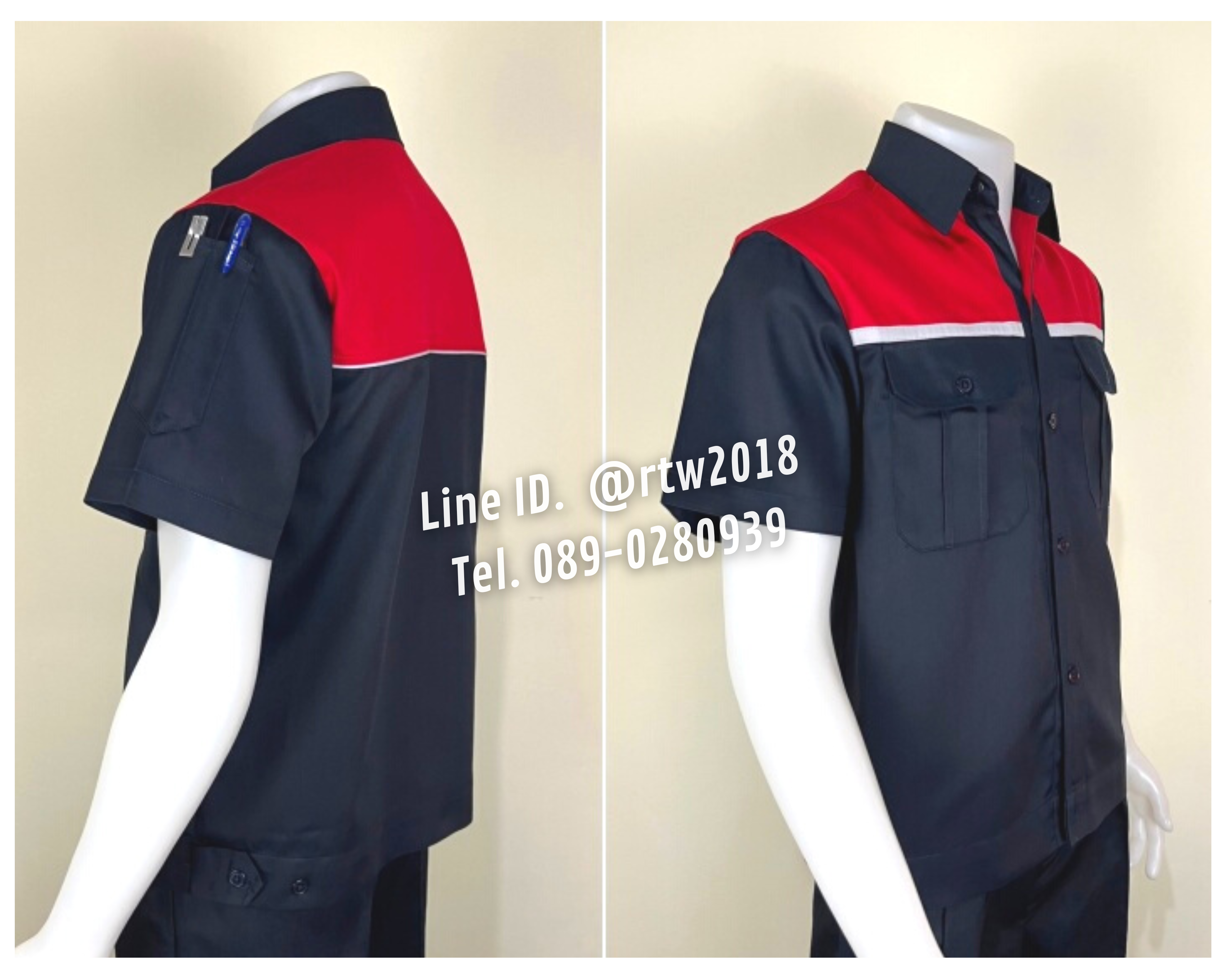รหัส A20.3 : เสื้อช่างแขนสั้นผ้าคอมทวิวสีกรมท่าอกแดงแต่งเทา