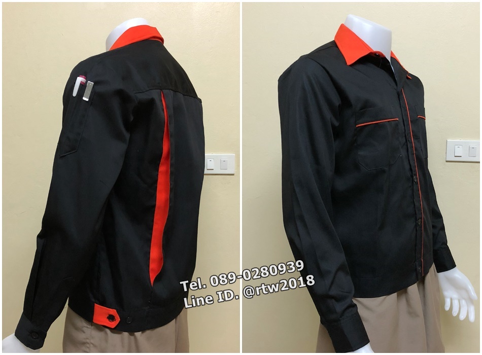 เสื้อช่างแขนยาวผ้าคอมแบบดำกุ้นส้ม (รหัส A73)