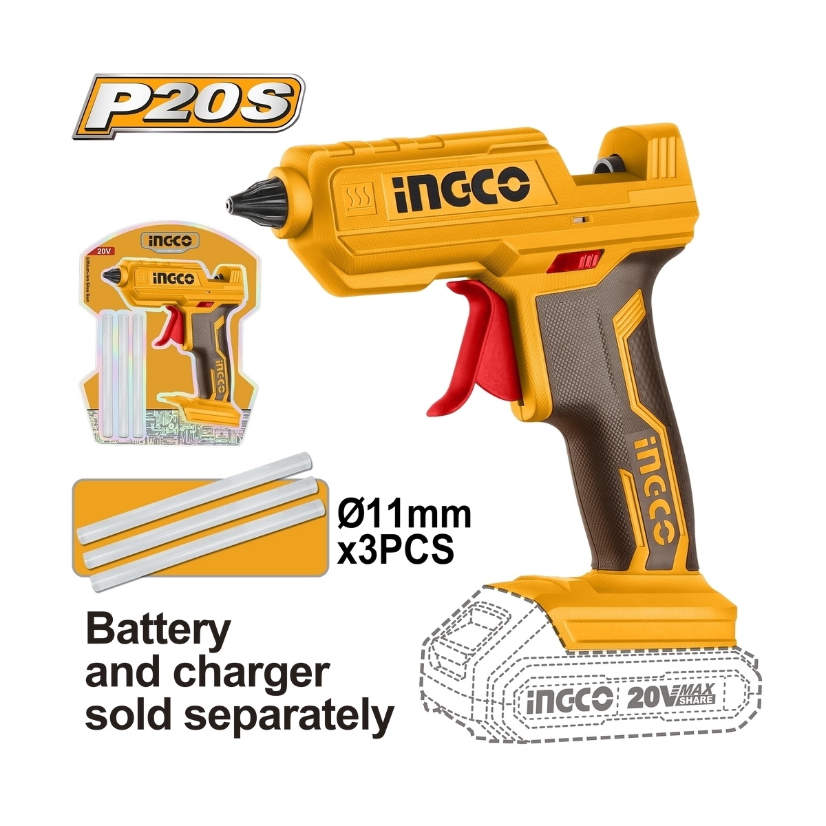 INGCO CGGLI2001 ปืนยิงกาวไร้สาย 20V เครื่องเปล่า