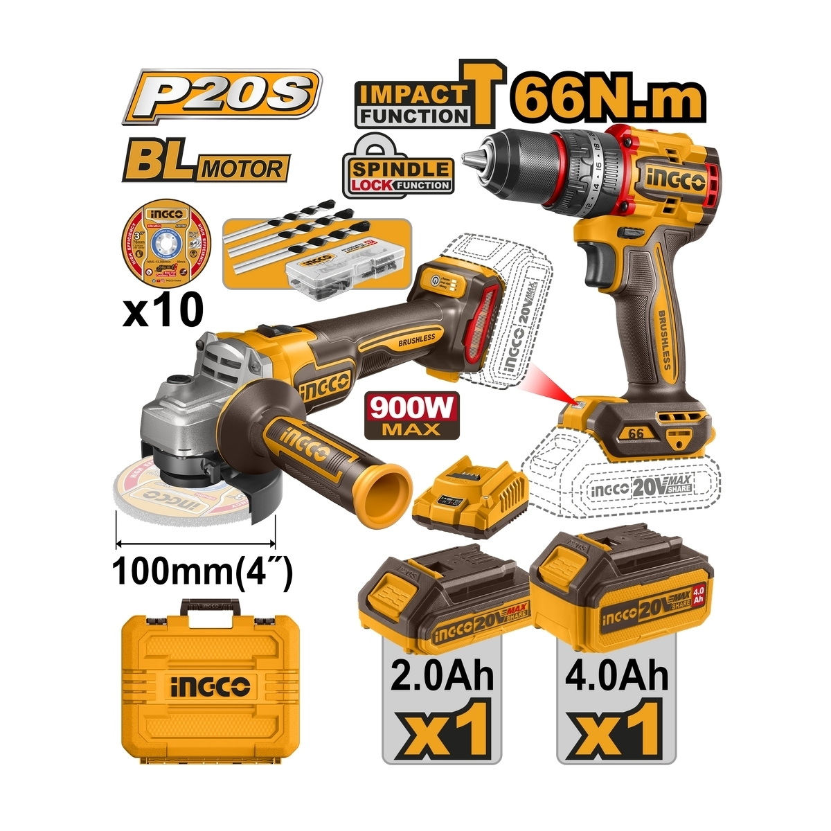 INGCO CKLI2027310 สว่านกระแทกไร้สาย + เครื่องเจียรไร้สาย 4" 20V