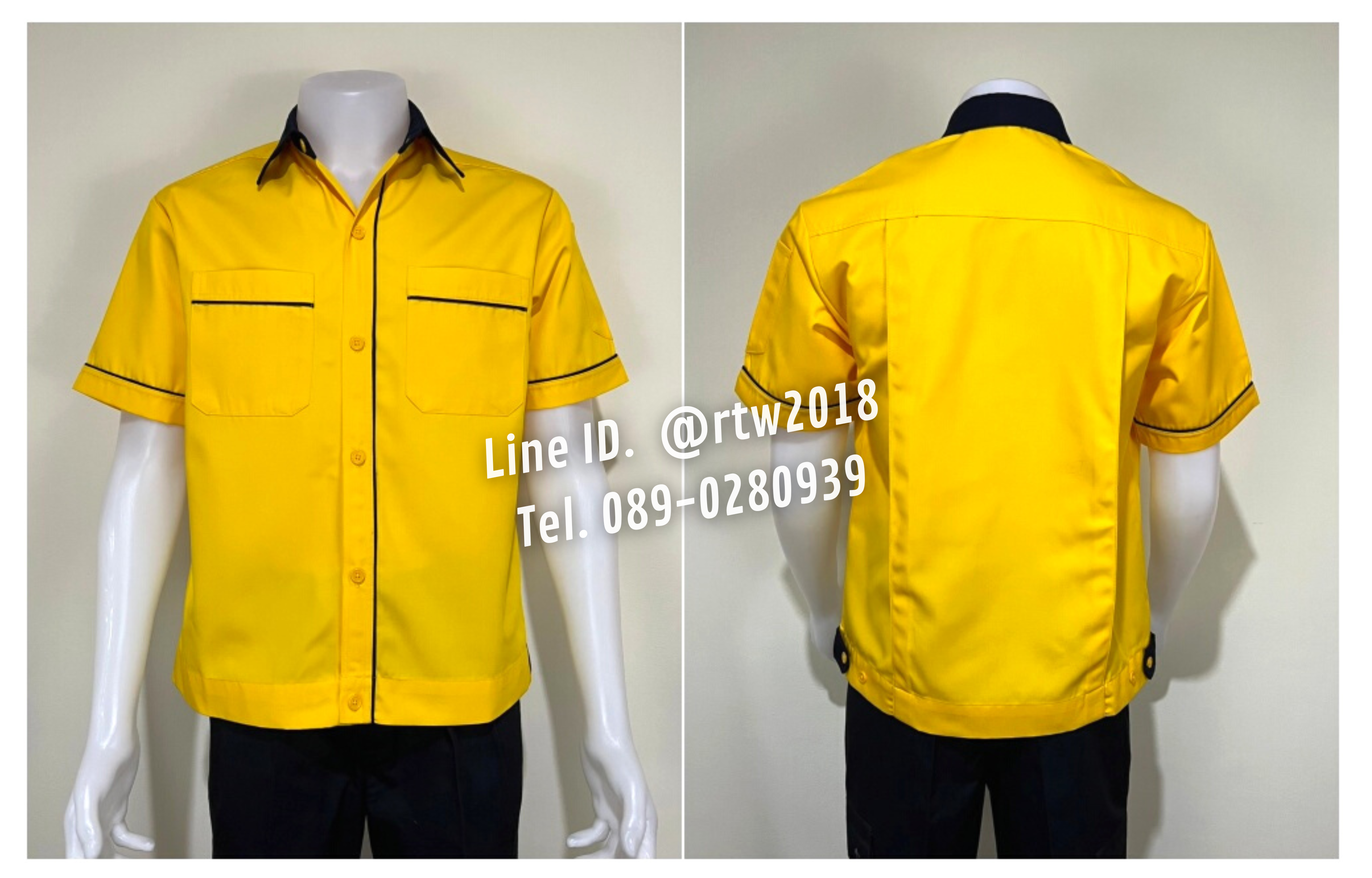 รหัส A15.2 : เสื้อช่างแขนสั้นผ้าคอมทวิวสีเหลืองกุ้นกรมท่า