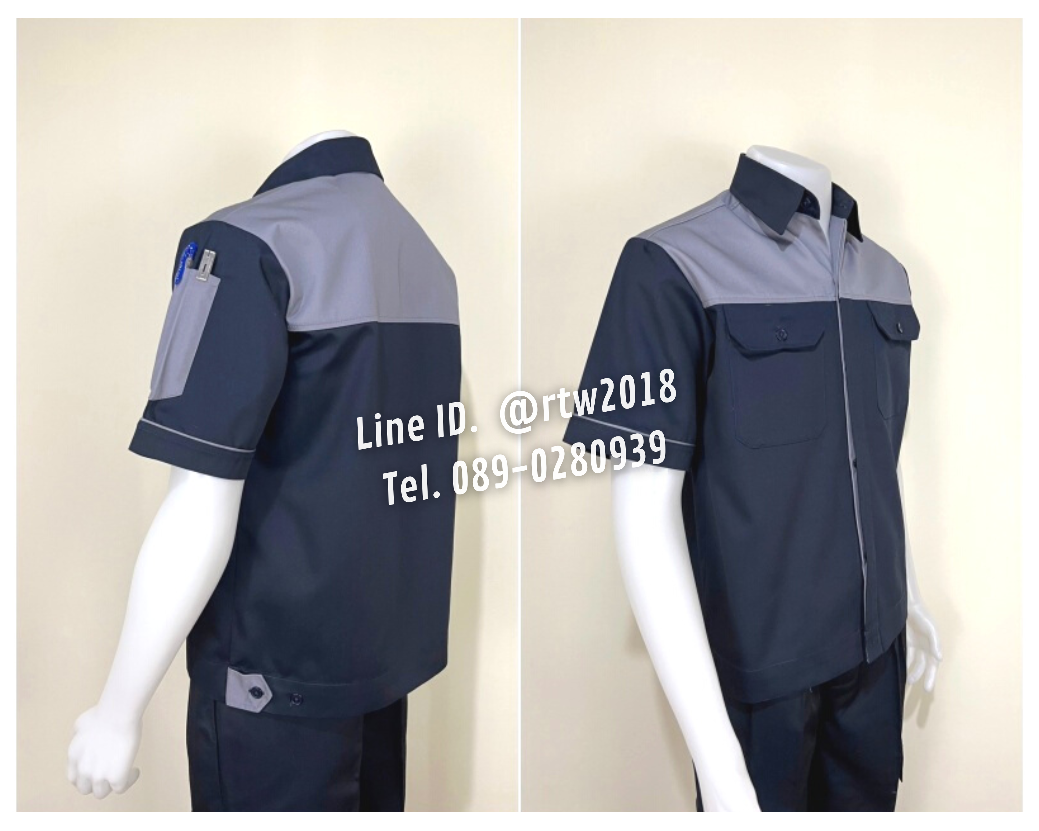 รหัส A9.1 : เสื้อช่างแขนสั้นผ้าคอมทวิวสีกรมท่าอกเทา (ซ่อนสาบ)