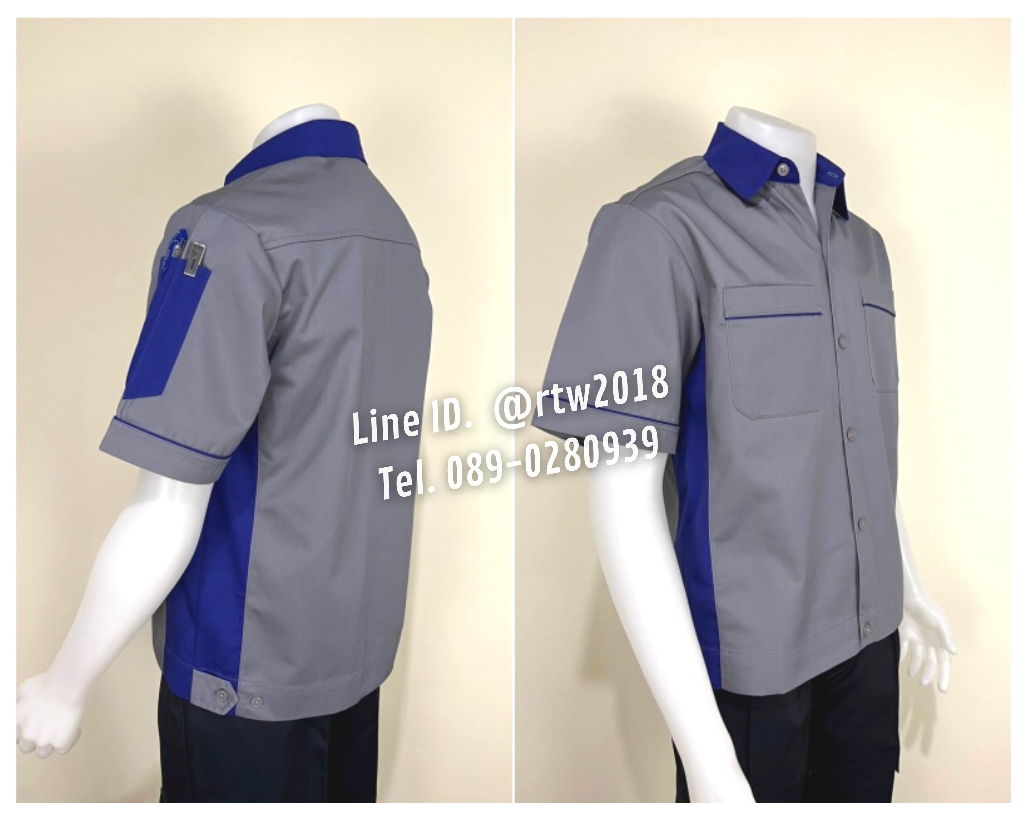 รหัส A11.4 : เสื้อช่างแขนสั้นผ้าคอมทวิวสีเทาข้างน้ำเงิน