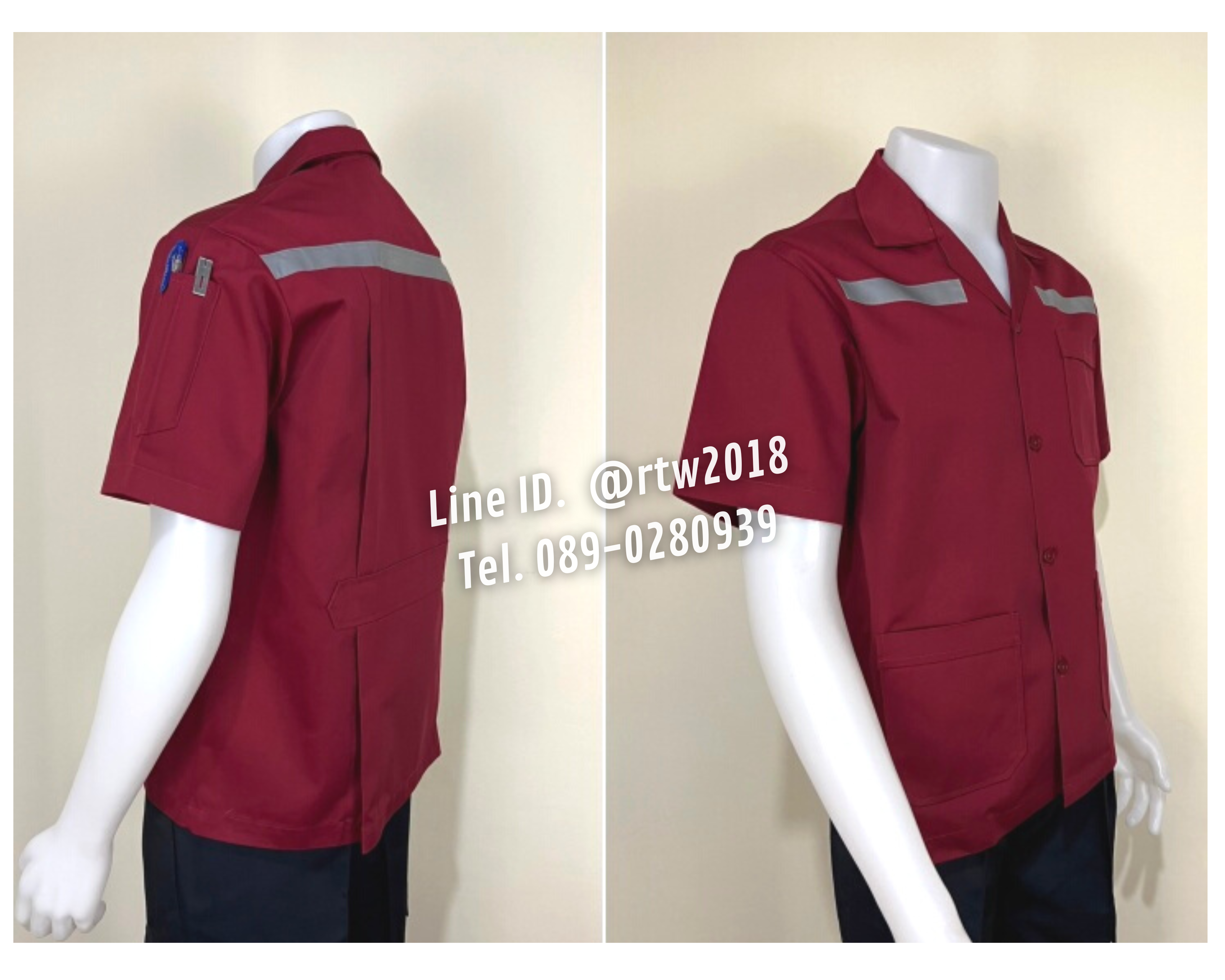รหัส A1.8 : เสื้อช่างแขนสั้นผ้าคอมทวิวสามกระเป๋าสีเลือดหมูล้วน (ติดสะท้อนแสง)