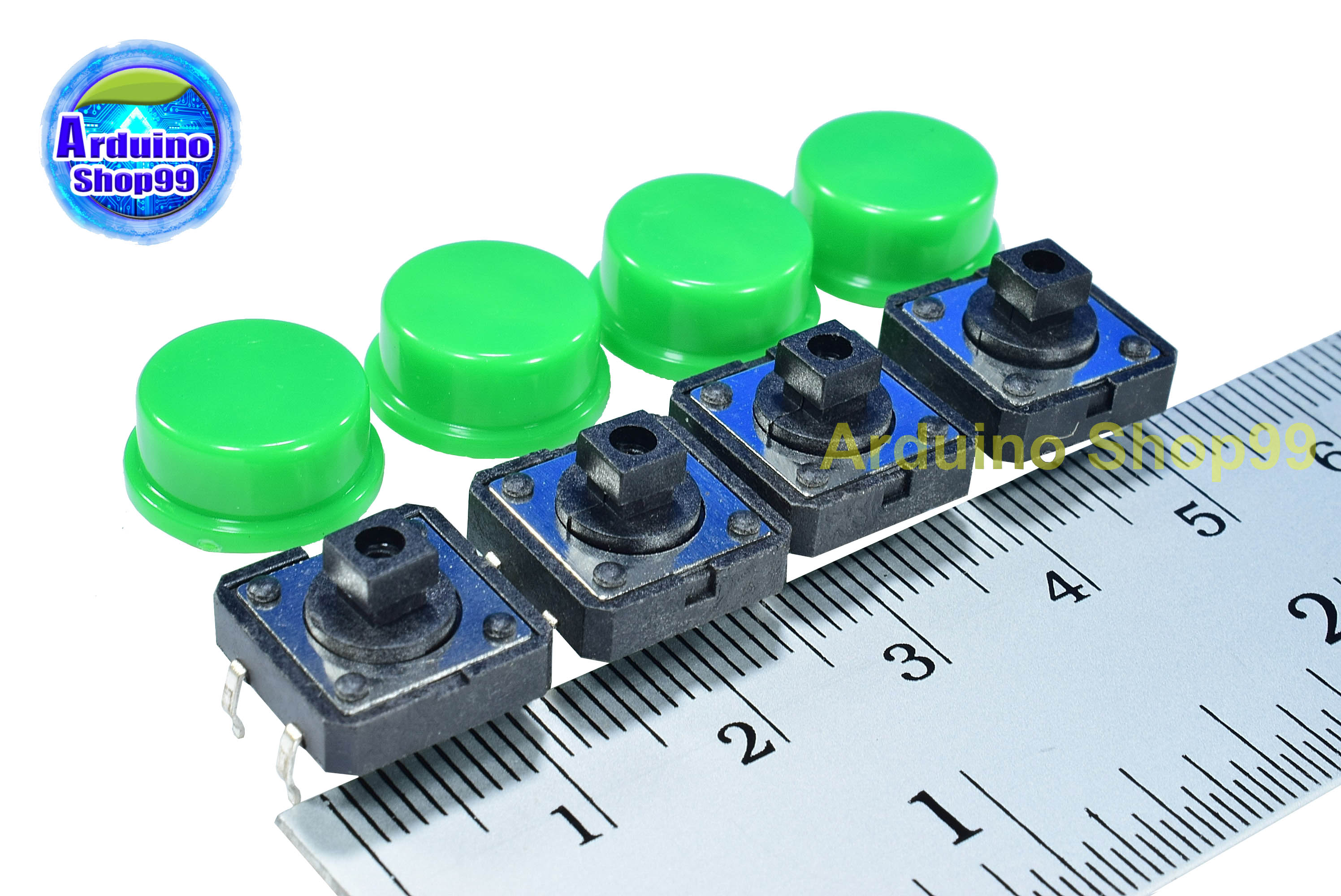 Tact switch 12X12X7.3 mm. button domestic + color button (สีเขียว 4 ชุด)