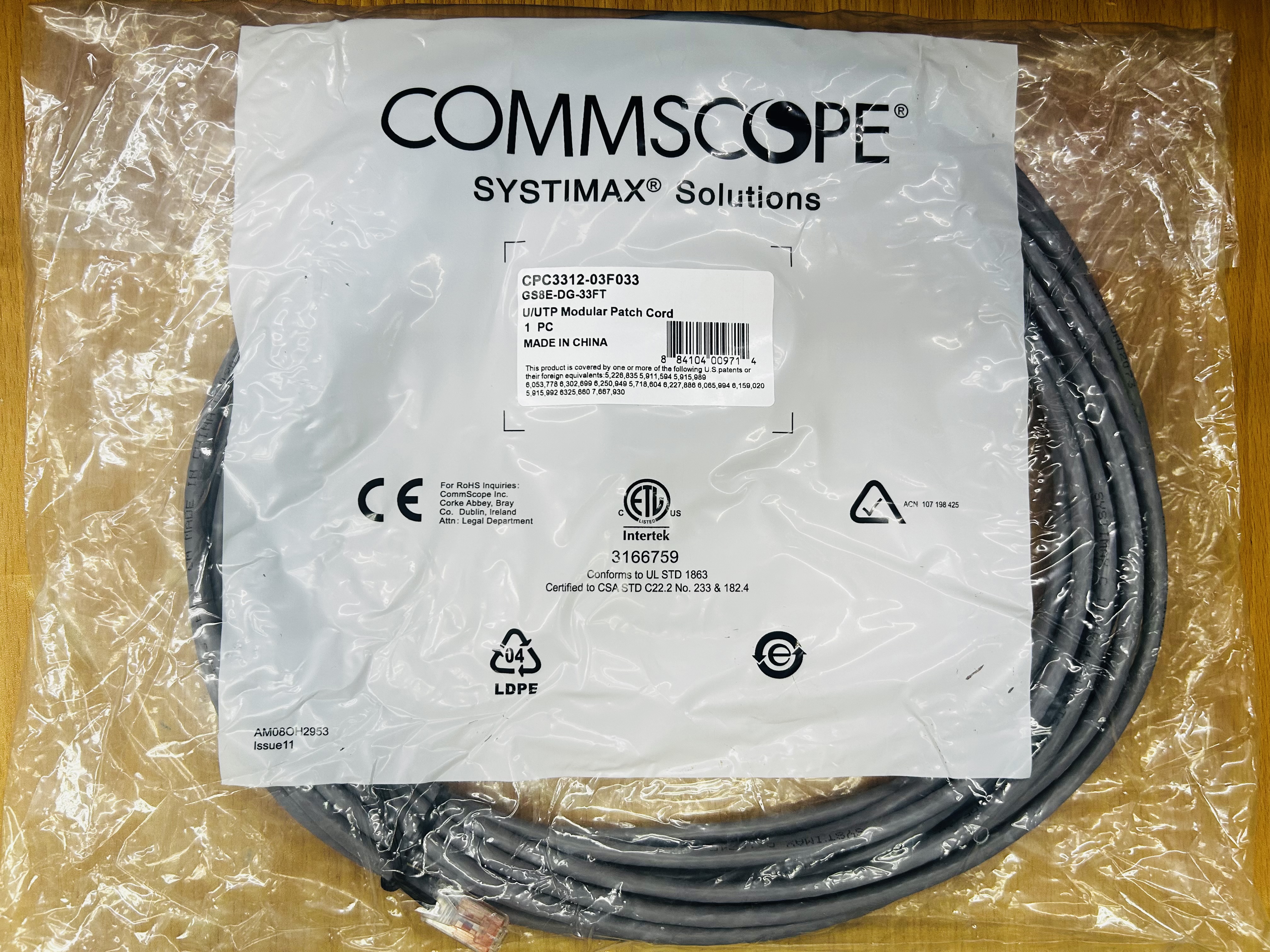 Commscope Systimax Solution CPC3312-03F033 U/UTP Modular Patch Cord GS8E-DG-33FT